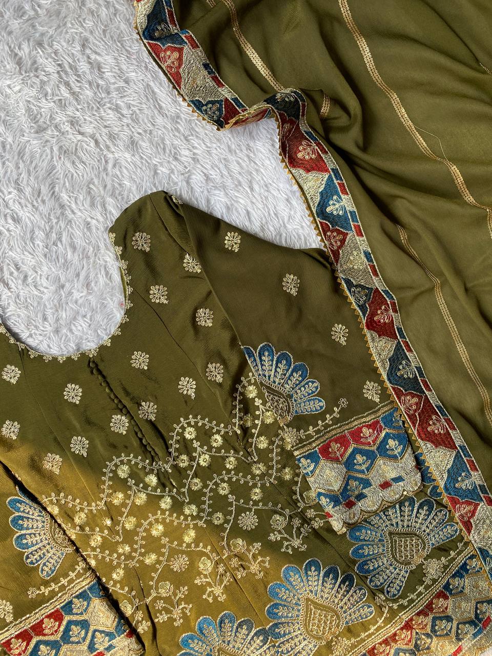 Olive Green Embroidered Sharara set with Scallop Border Dupatta