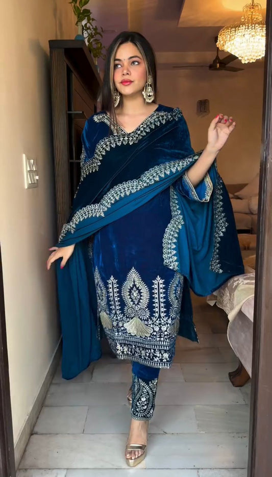 ROYAL BLUE VELVET KURTI-PANT SET