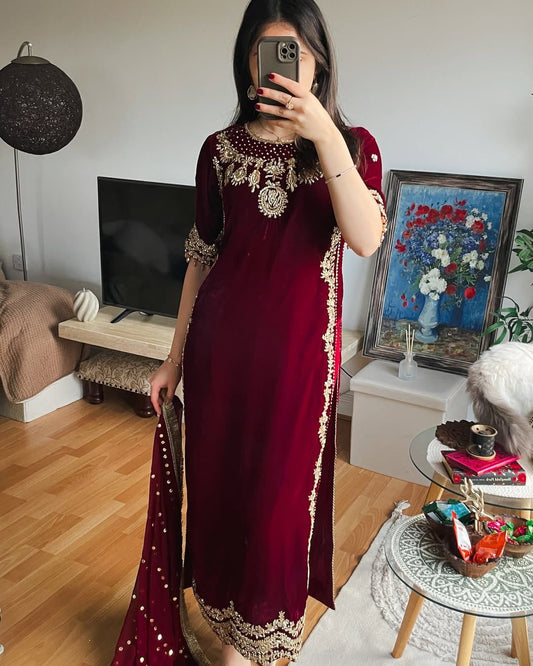 VELVET KURTI-PANT SET