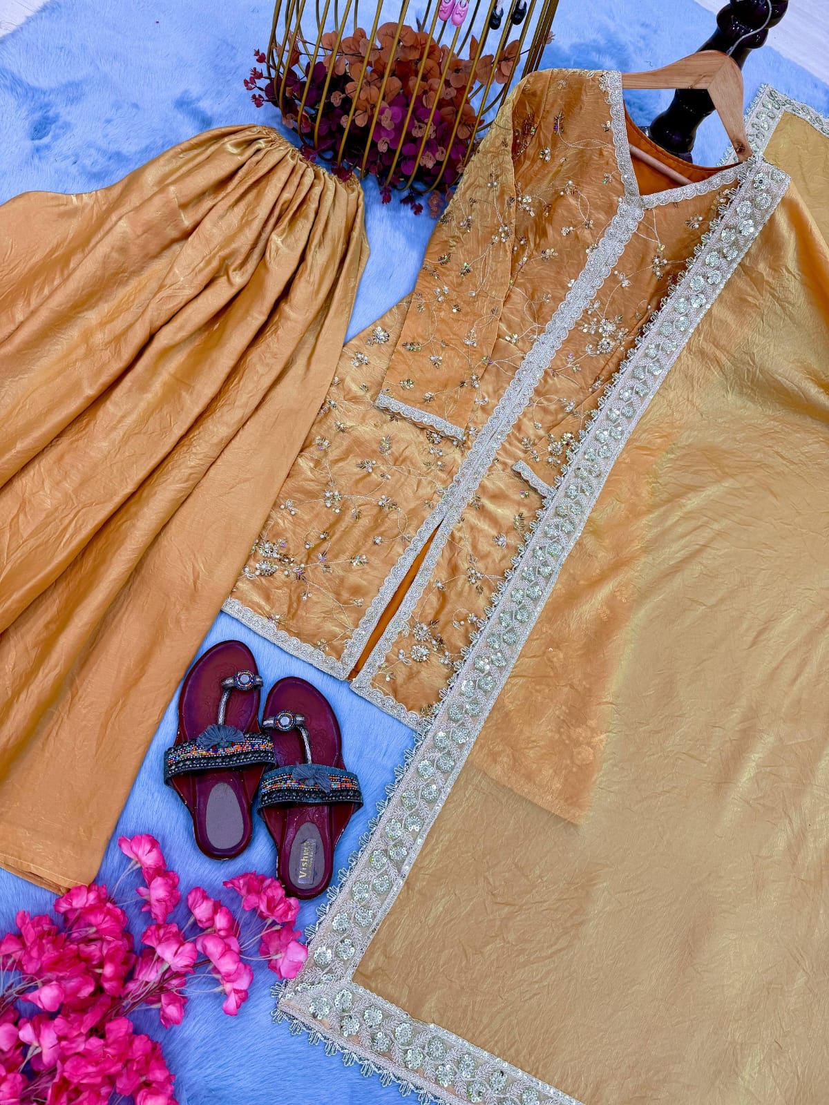 Fendi Silk Designer Top Plazzo & Dupatta Set