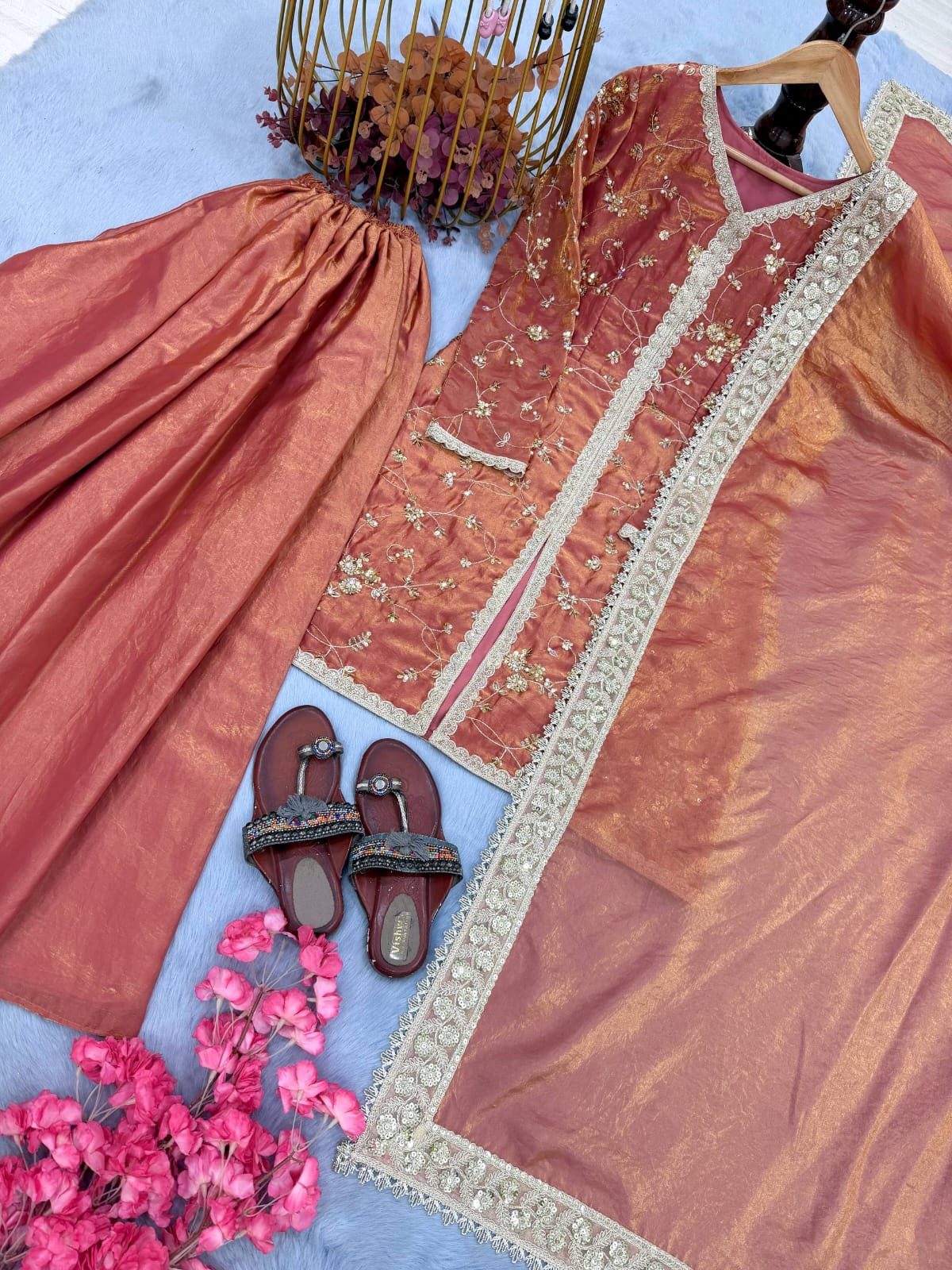 Fendi Silk Designer Top Plazzo & Dupatta Set