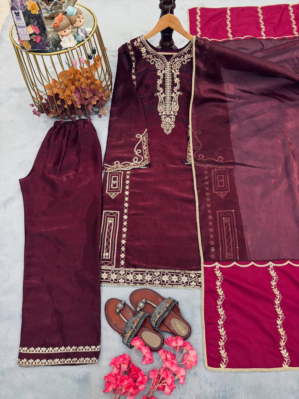 Designer Party Wear Look Pure Gmy Silk Top Plazzo & Dupatta Set
