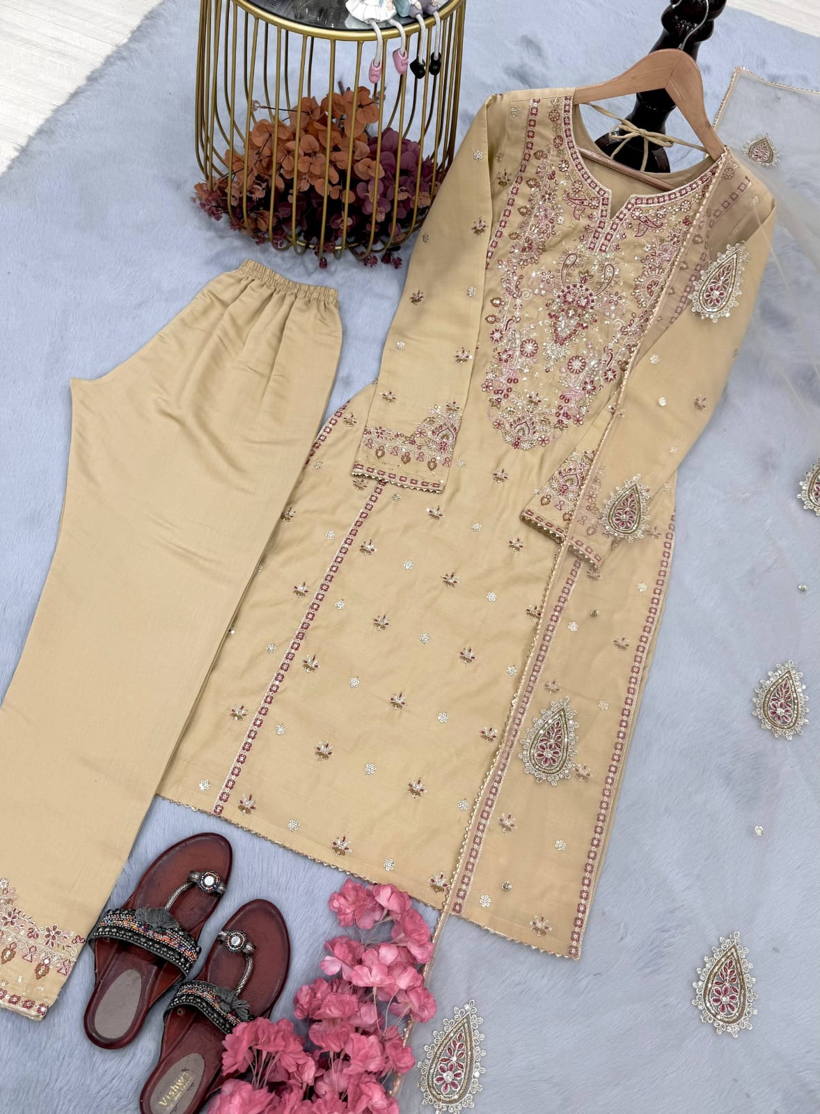 Party Wear Look Heavy Roman silk Top Bottom & Dupatta Set