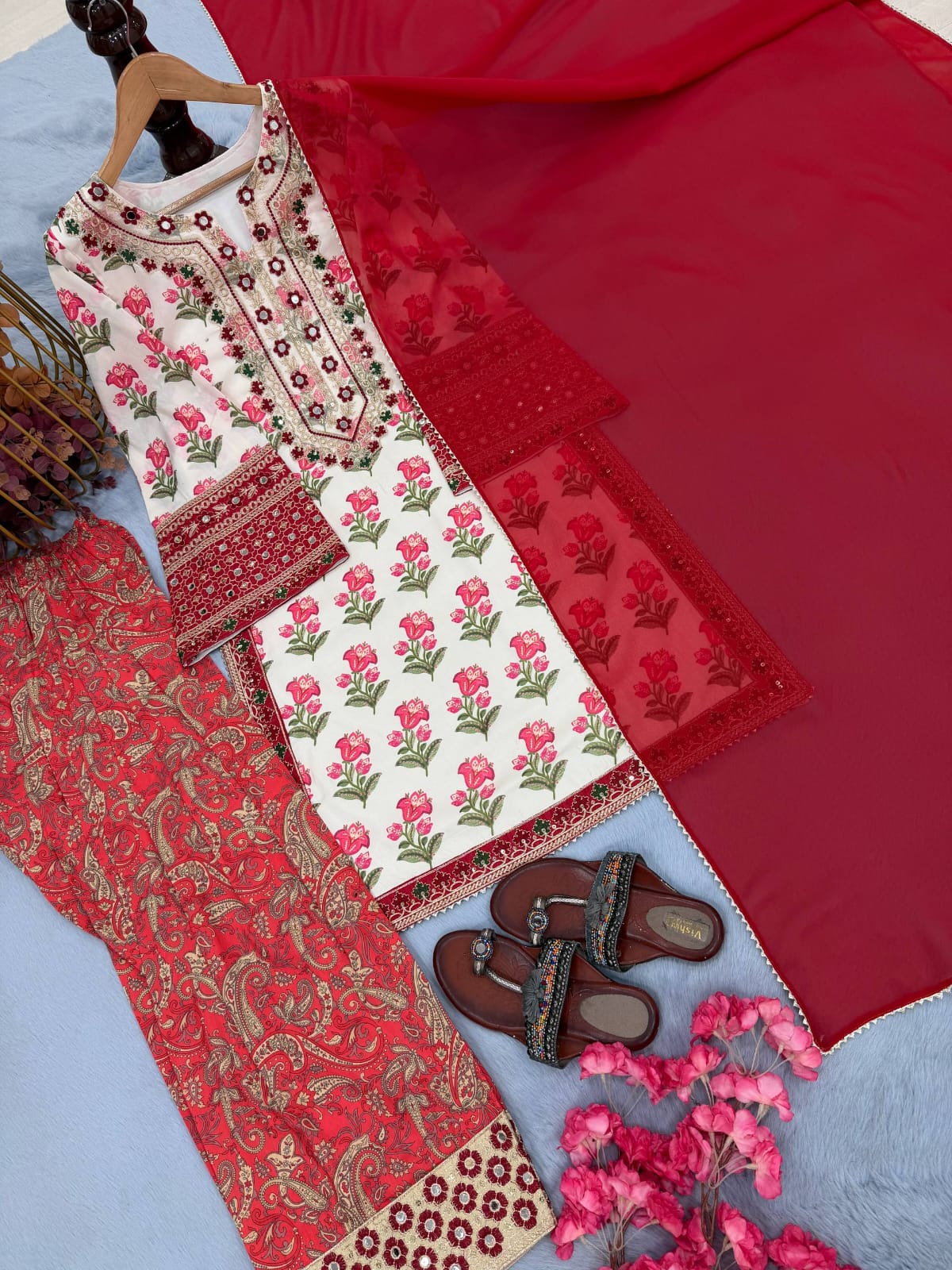 Designer Party Wear Look Pur Natural Crepe Top & Farshi Palazzo With Dupatta set