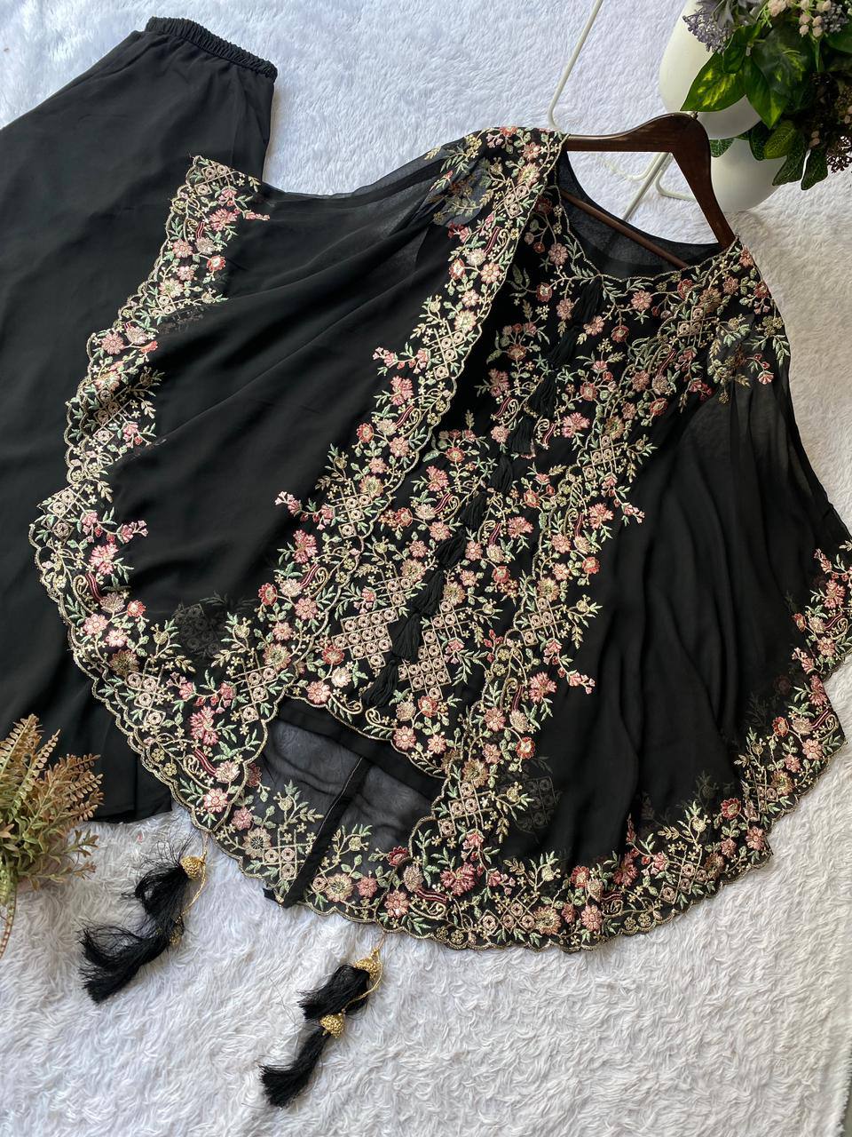 DESIGNER WEAR KURTA PLAZZO PAIR WITH SHRUGE IN SEQUENCE EMBROIDERY WORK