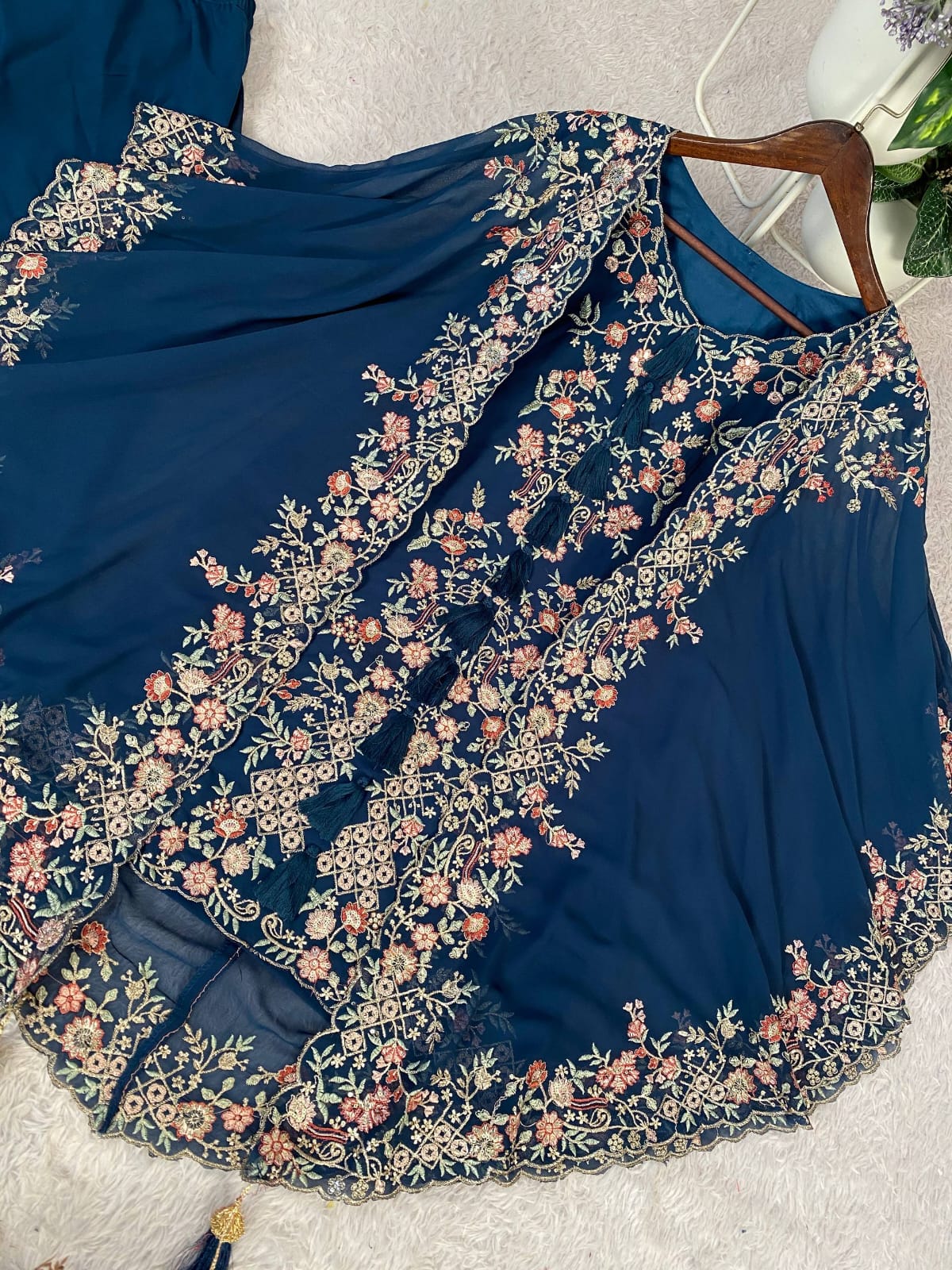 DESIGNER WEAR KURTA PLAZZO PAIR WITH SHRUGE IN SEQUENCE EMBROIDERY WORK