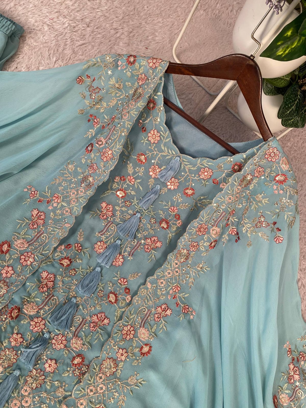 DESIGNER WEAR KURTA PLAZZO PAIR WITH SHRUGE IN SEQUENCE EMBROIDERY WORK