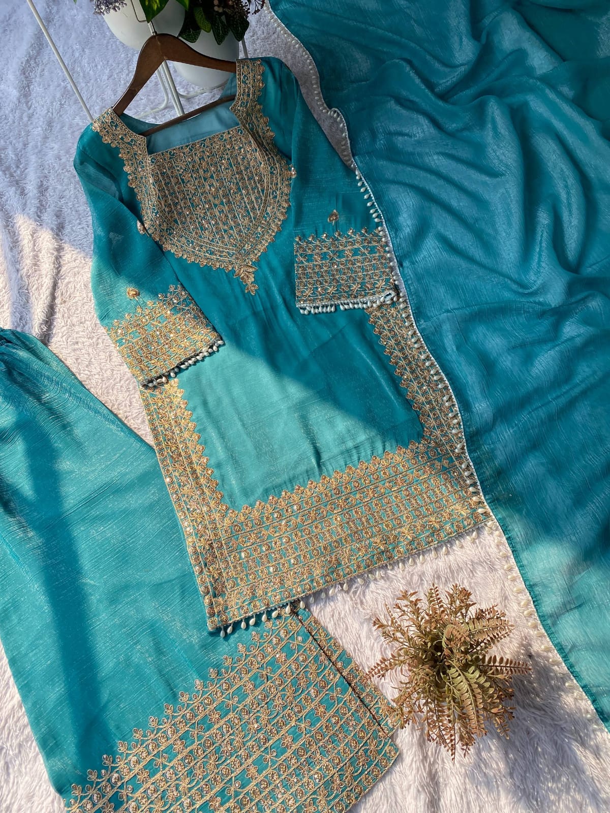 DESIGNER WEAR CORDING SEQUENCE EMBROIDERED TOP PLAZZO AND DUPATTA IN CHRUNCHY