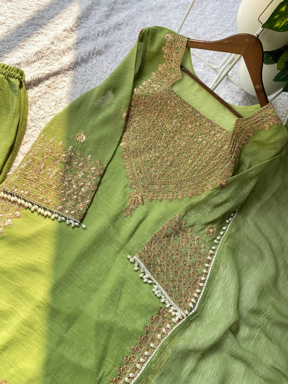 DESIGNER WEAR CORDING SEQUENCE EMBROIDERED TOP PLAZZO AND DUPATTA IN CHRUNCHY
