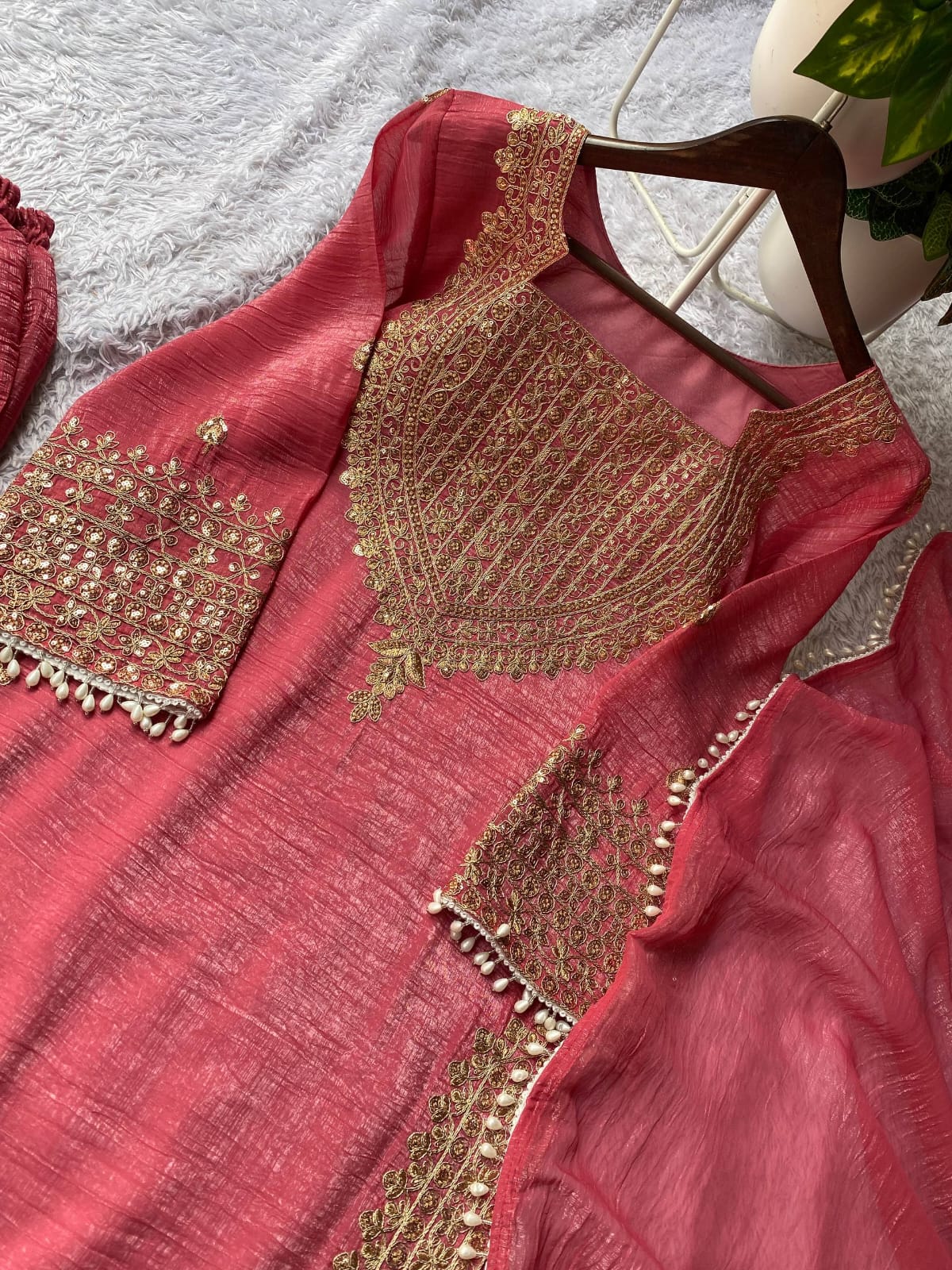 DESIGNER WEAR CORDING SEQUENCE EMBROIDERED TOP PLAZZO AND DUPATTA IN CHRUNCHY