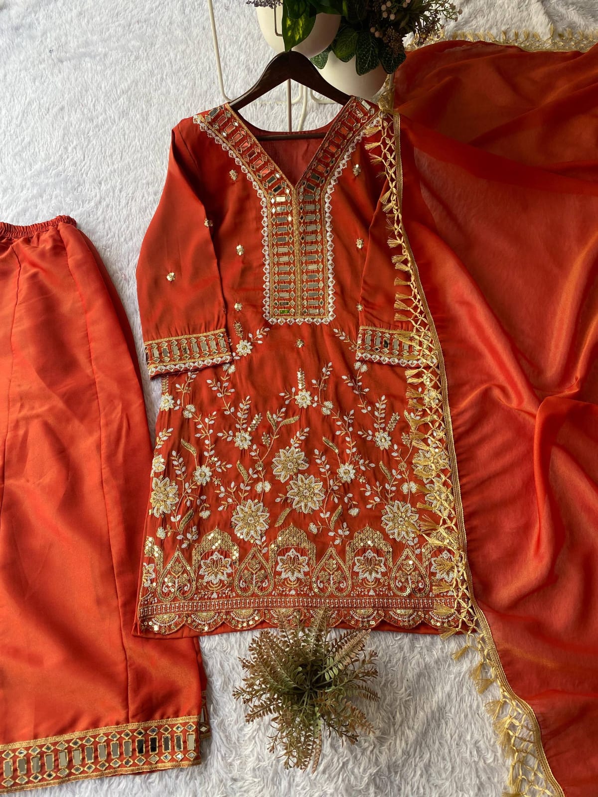 DESIGNER WEAR KURTI PLAZZO PAIR WITH REAL MIRROR EMBROIDERY WORK