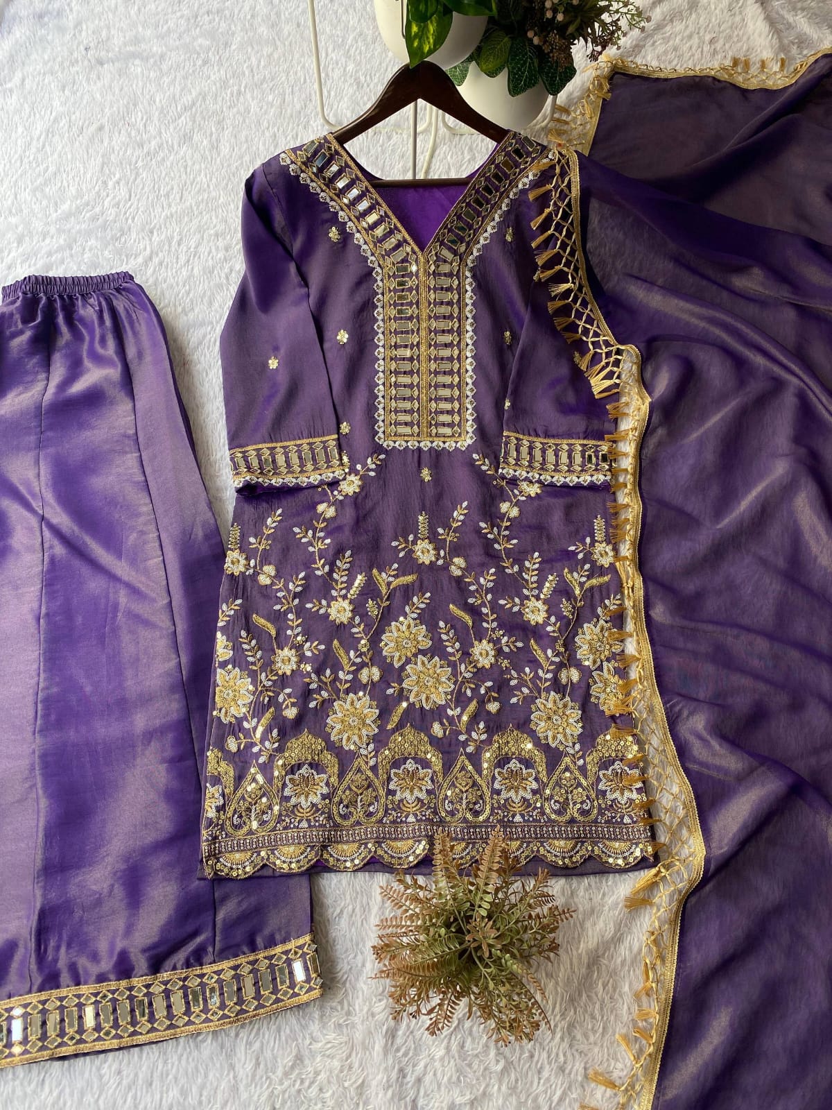 DESIGNER WEAR KURTI PLAZZO PAIR WITH REAL MIRROR EMBROIDERY WORK
