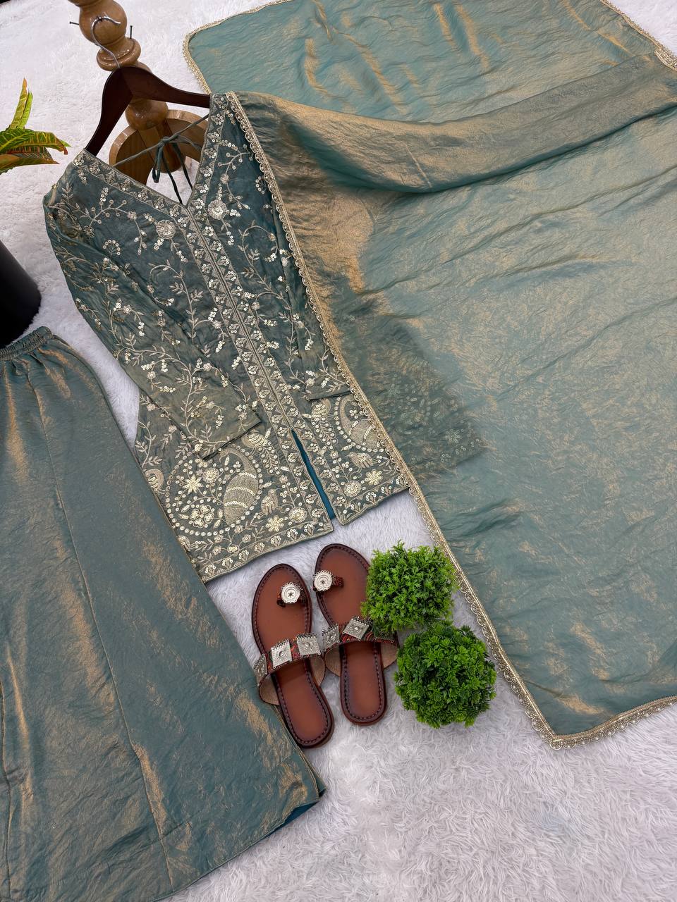 FENDY SILK DESIGNER WEAR EMBROIDERED TOP PLAZZO AND DUPATTA