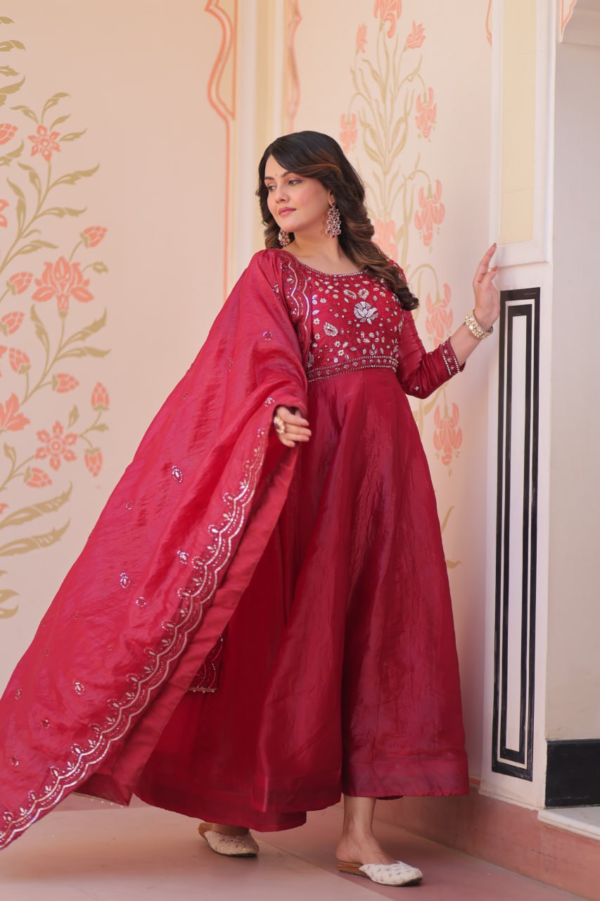 Dark Pink Colour Designer Anarkali Gown with Dupatta