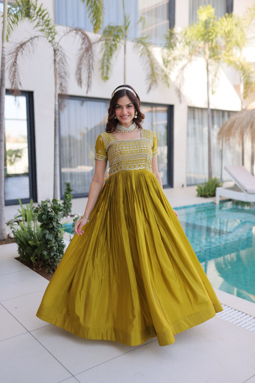 Mehendi Colour Designer Anarkali Gown with Dupatta