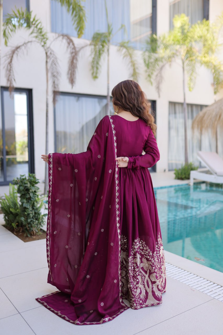 Wine Colour Embroidered work Designer Anarkali Gown with Dupatta