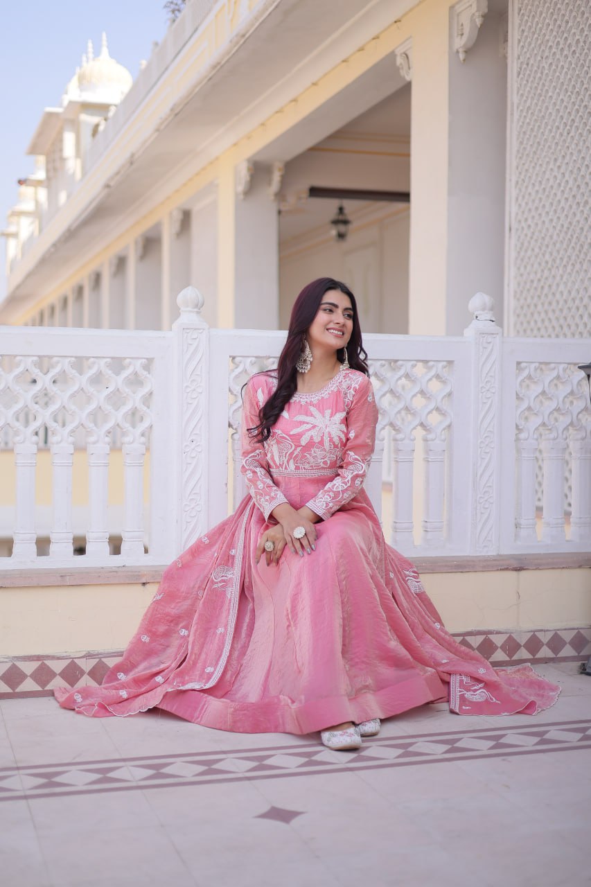 Pink Colour Fendi Satin Designer Anarkali Gown with Dupatta