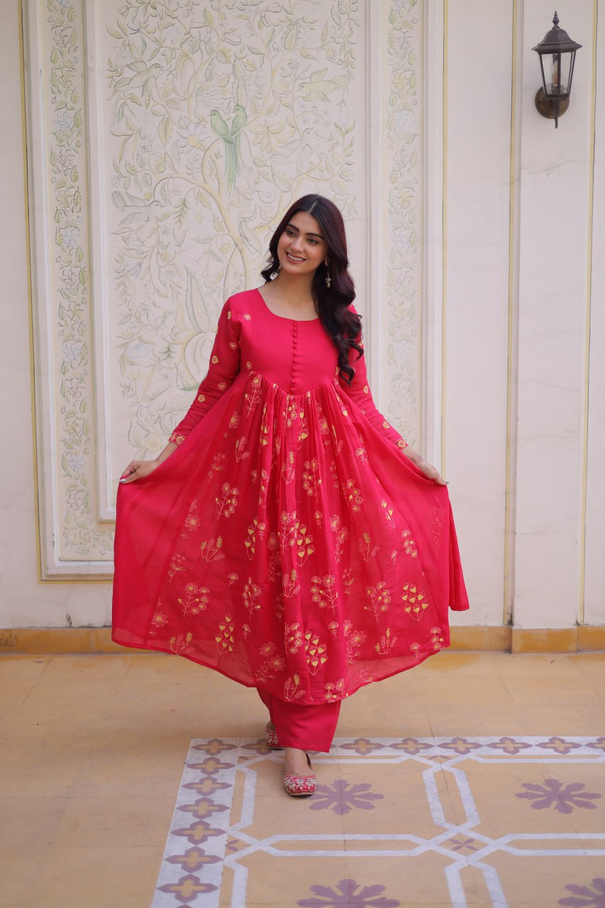 Rani Pink colour Anarkali kurti With Pant