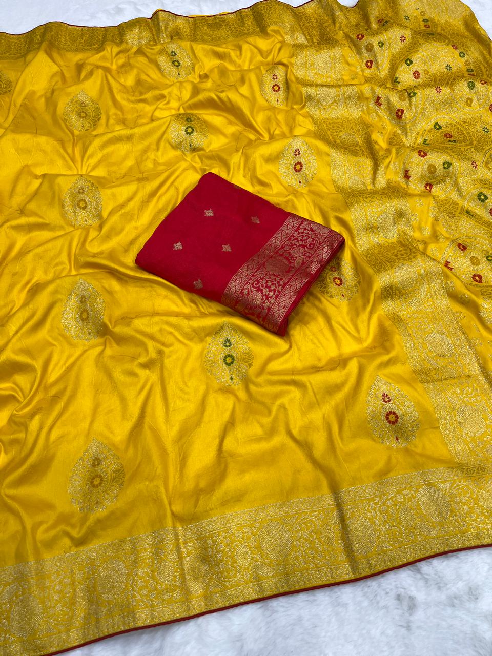 Meenakari and Zari work Traditional Saree With unstitched Contrast Running Blouse