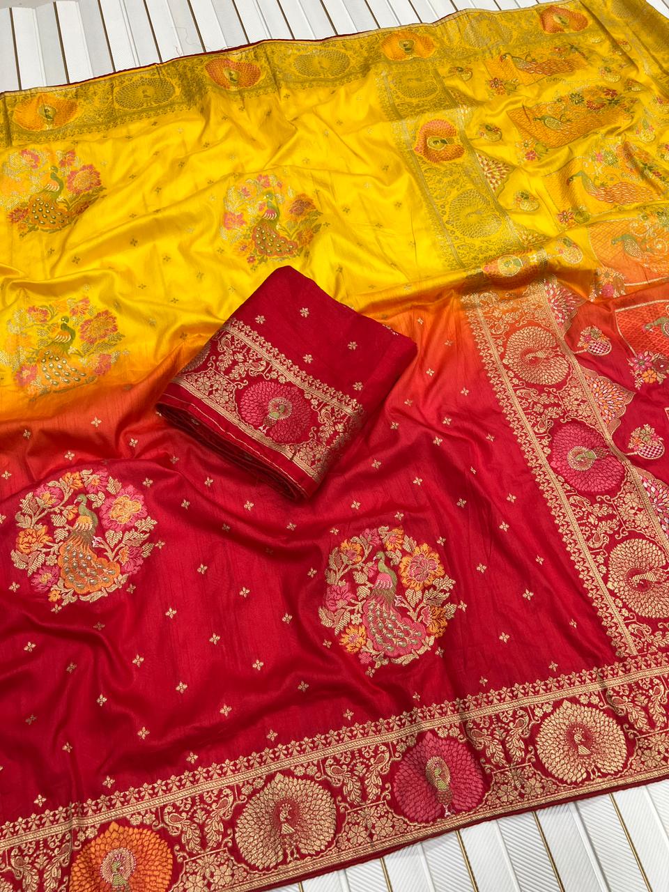 Zari Work 2D Colour Designer Traditional Saree with Unstitched Contrast Blouse