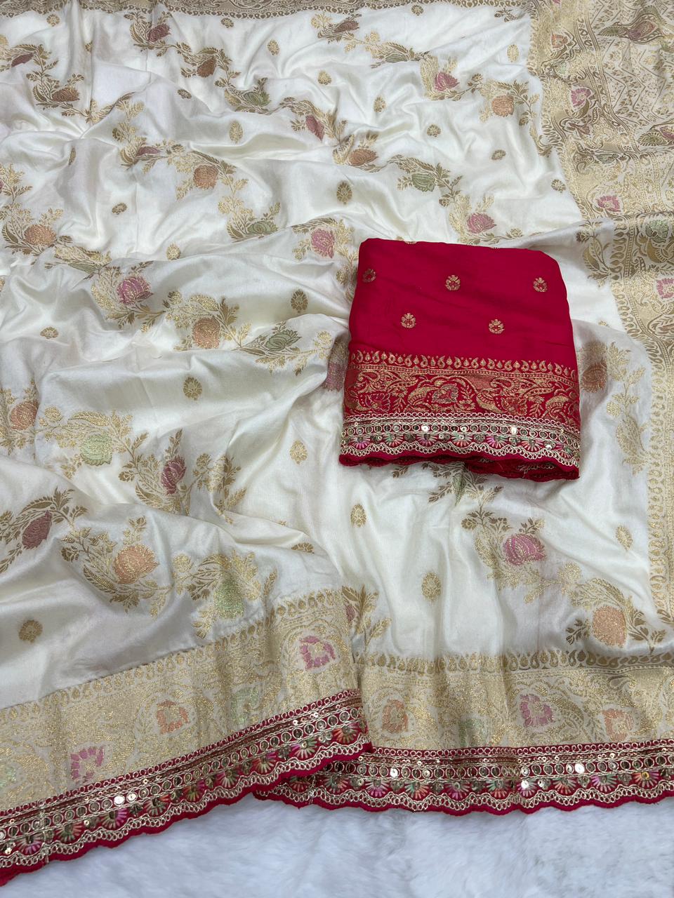 Saree with new amazing embroidery cording sequance and thread work border With Unstitched Blouse