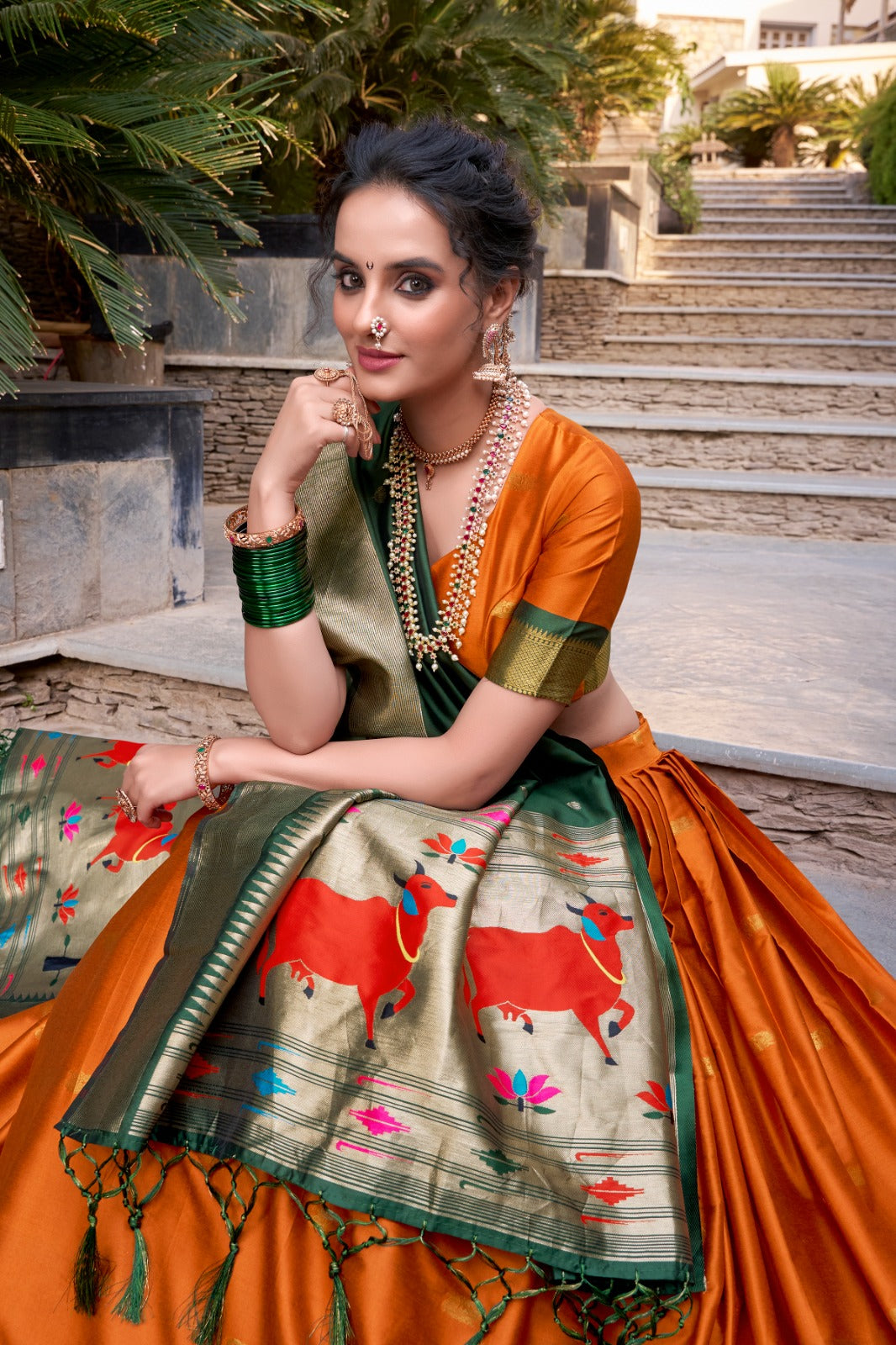 Orange Colour Jacquard Silk Zari Weaving Paithani Lehenga Choli With Tassels Dupatta