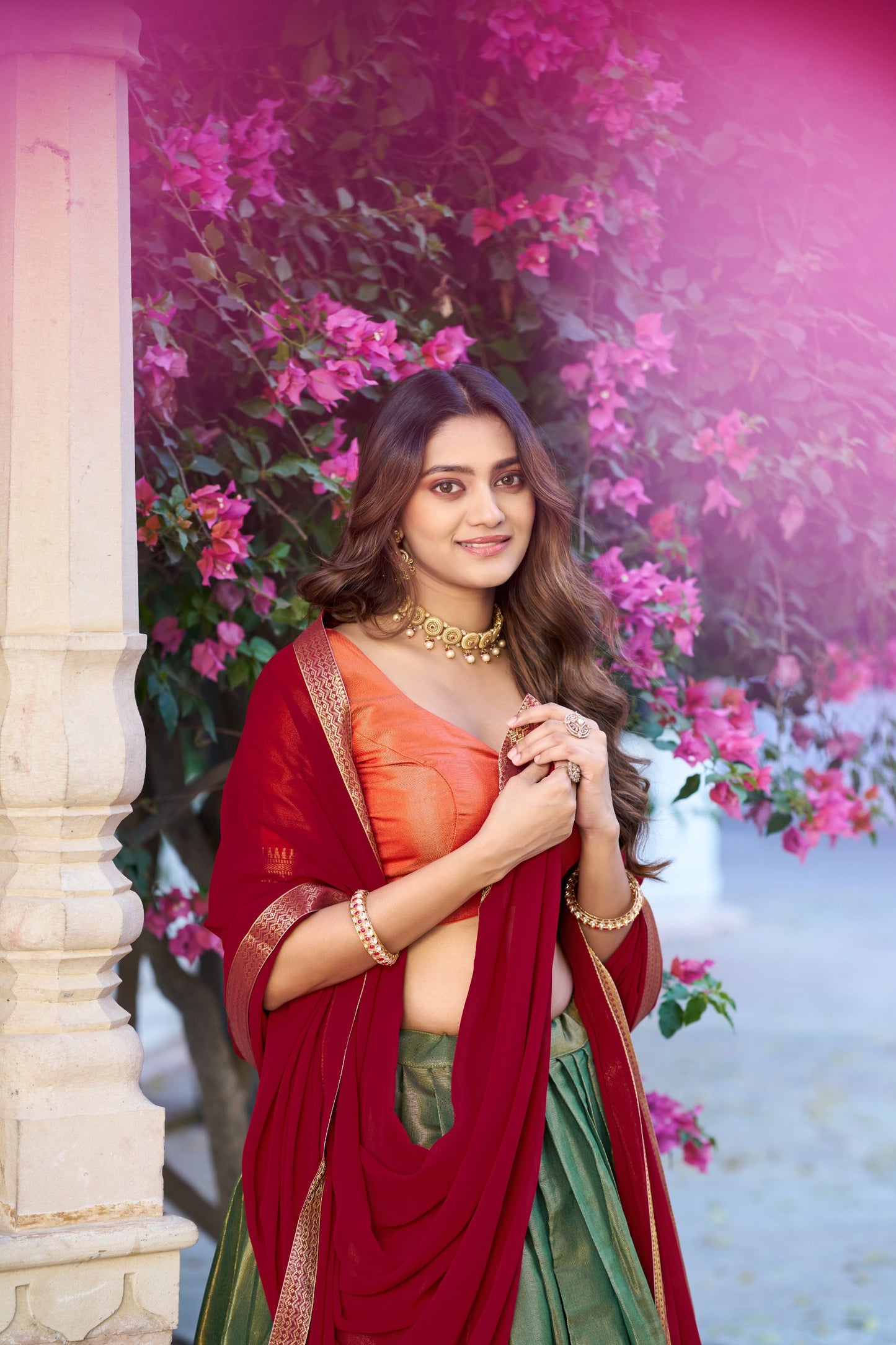 Green and Red Kanchipuram Lehenga