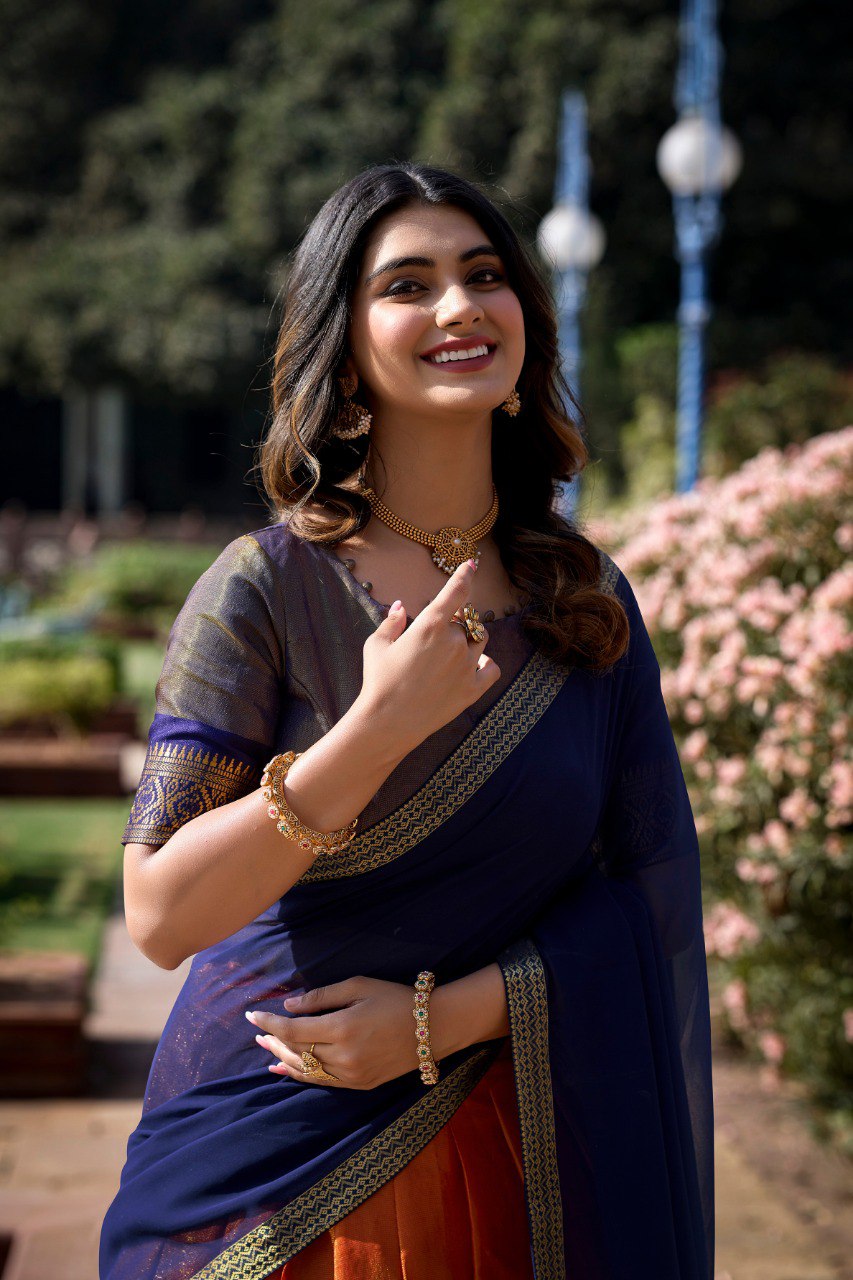 Orange and Blue Kanchipuram Lehenga Choli