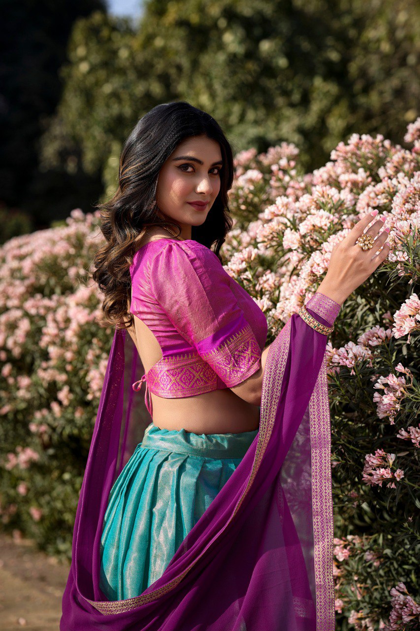 Sky Blue and Hot Pink Kanchipuram Lehenga Choli