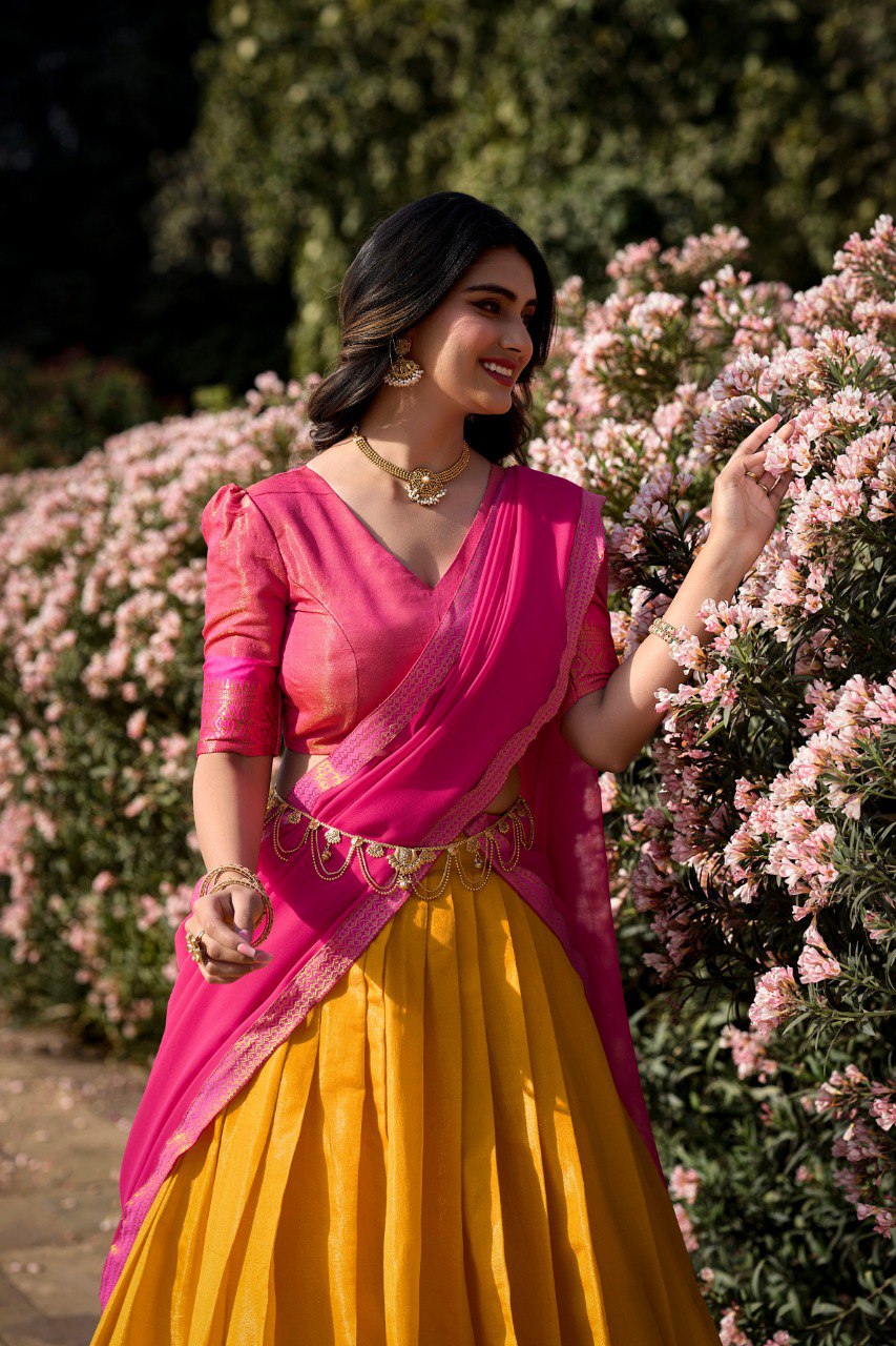 Mustard Yellow and Hot Pink Kanchipuram Lehenga Choli