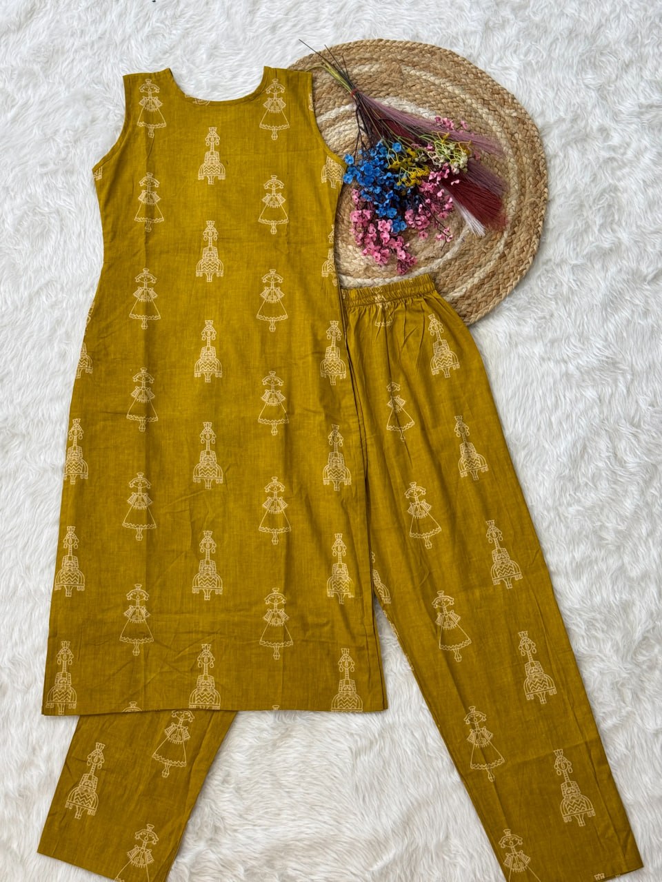 Yellow Color Printed Kurta Set with Side Pocket