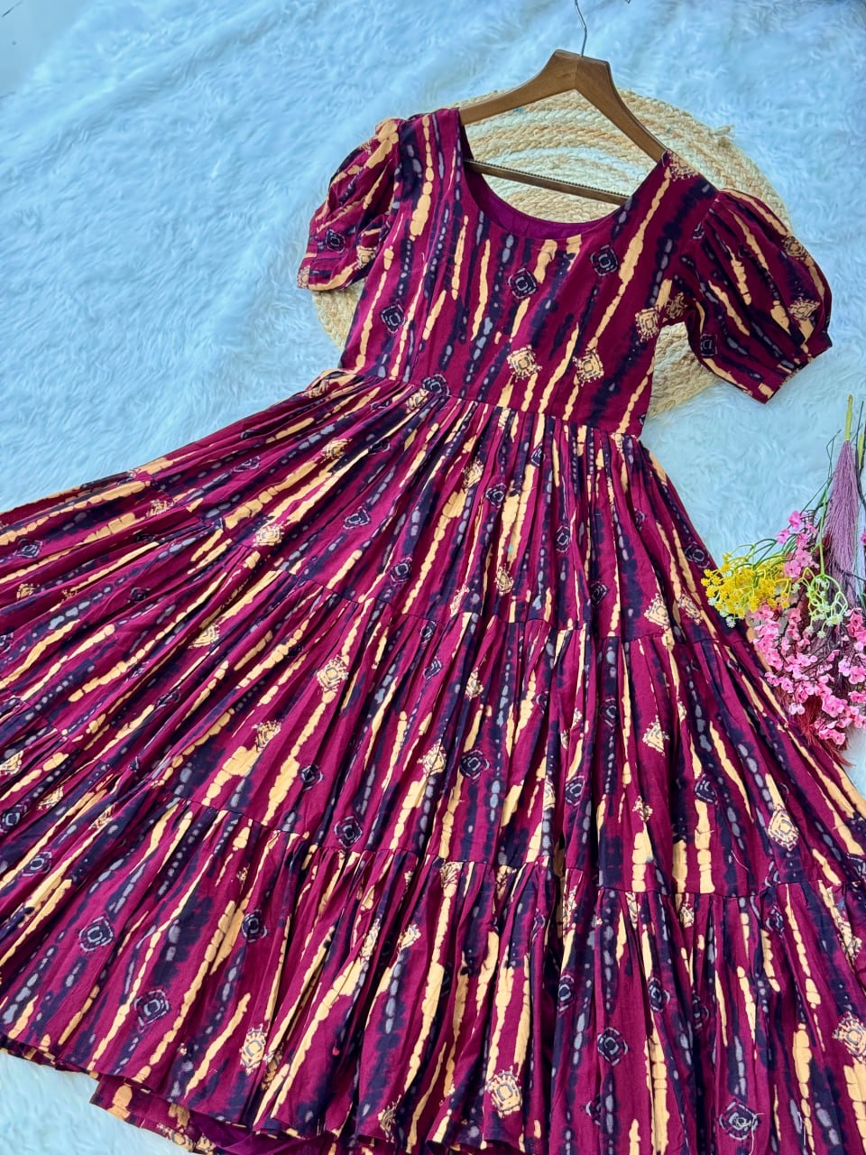 Maroon Printed Cotton Flared Maxi Dress with Puff Sleeves