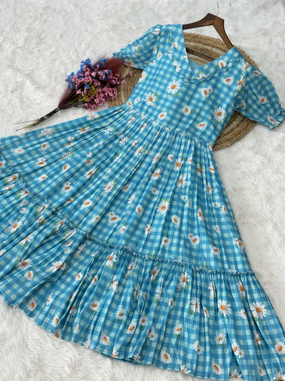 Sky Blue Daisy Print Checkered Tiered Maxi Dress