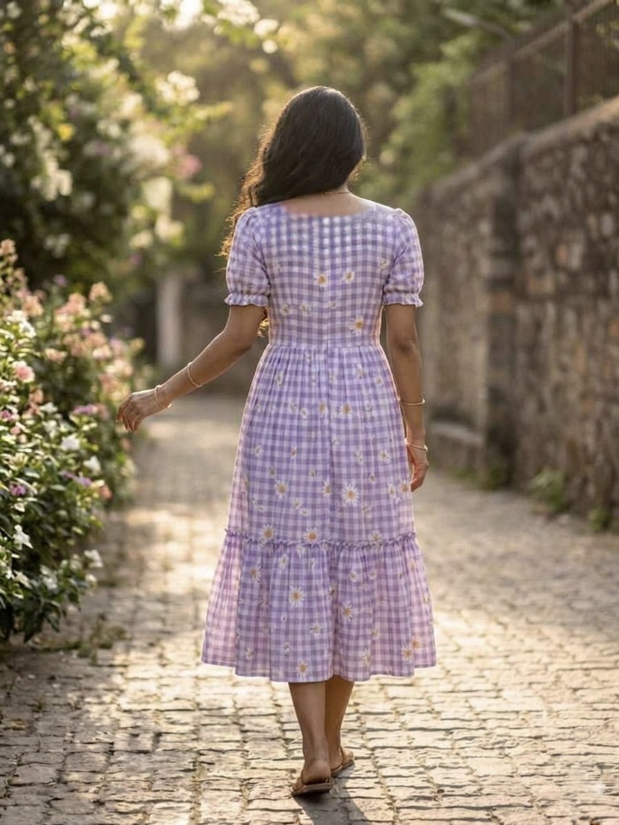 Lavender Daisy Print Checkered Tiered Maxi Dress