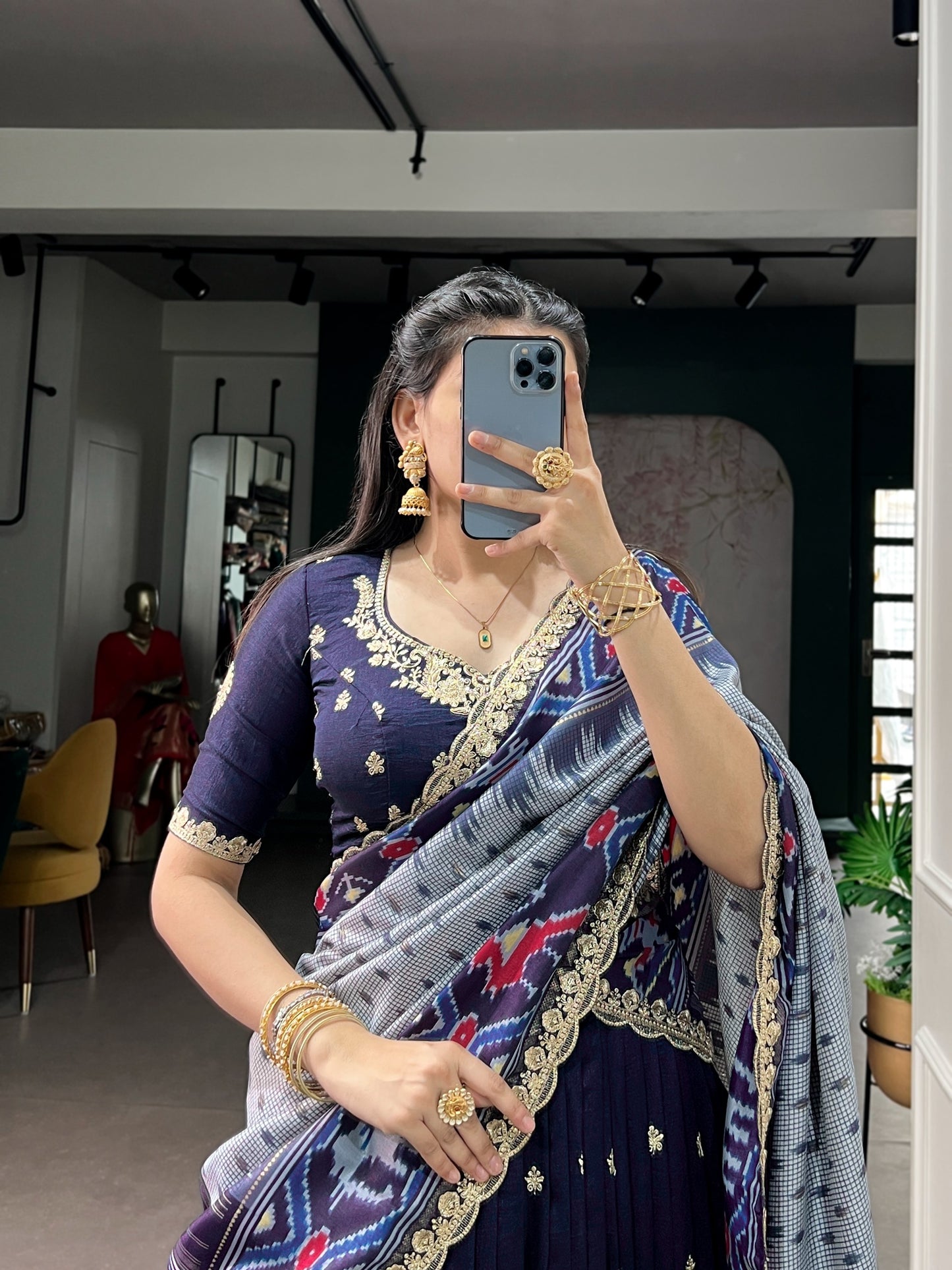 Elegant Navy Blue Embroidered Silk Lehenga Choli with Printed Dupatta