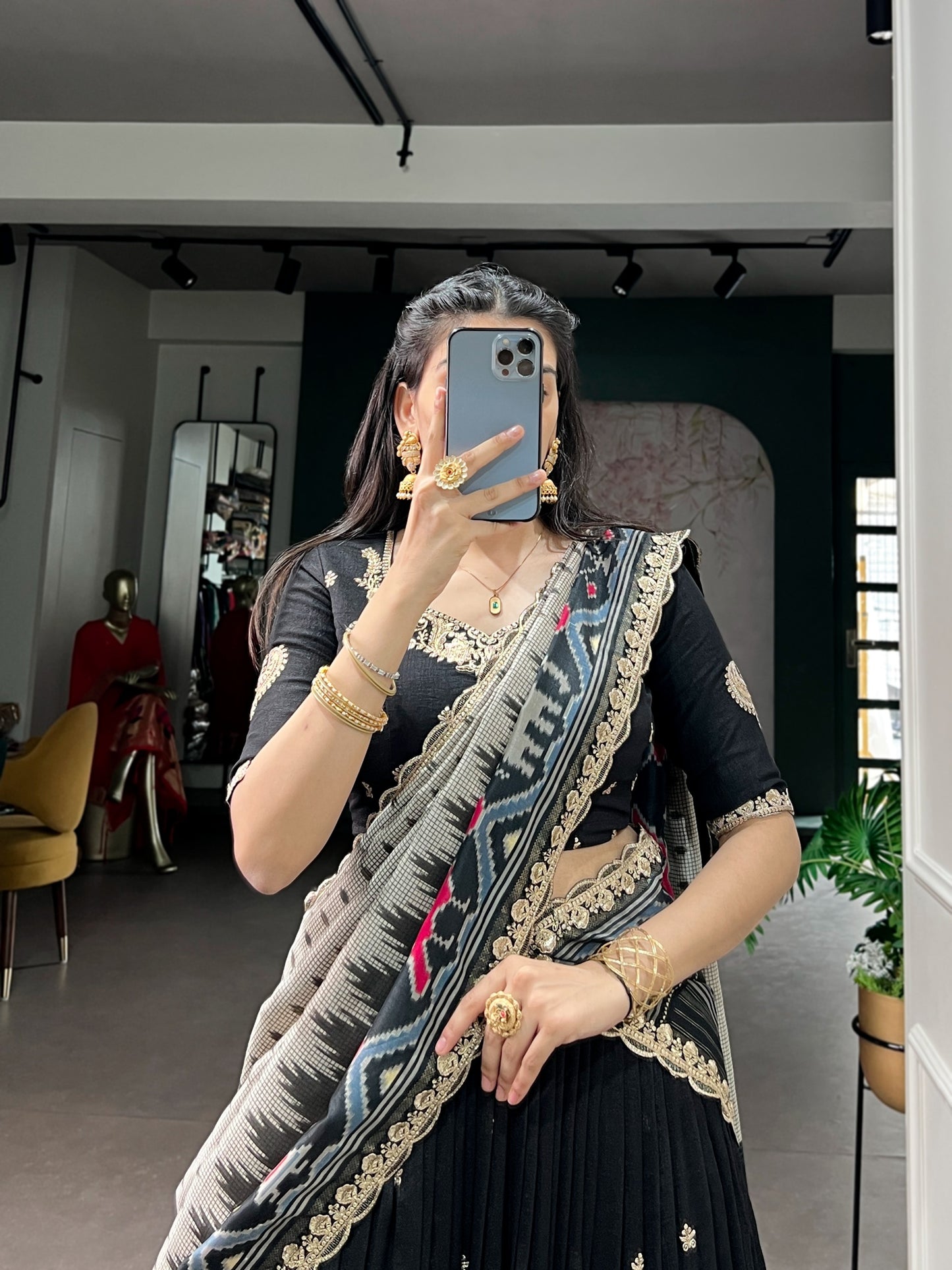 Elegant Black Embroidered Silk Lehenga Choli with Printed Dupatta