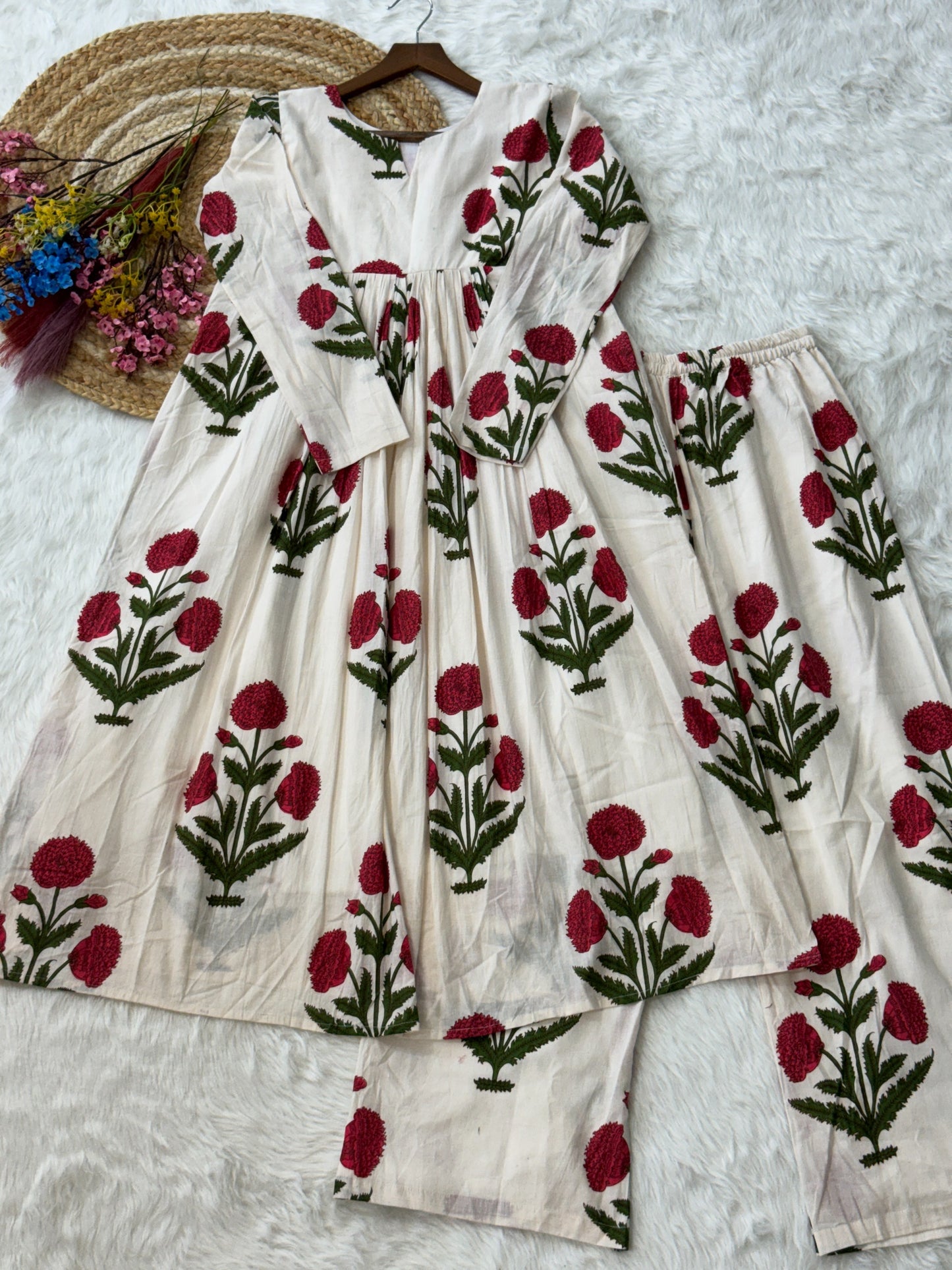 White & Maroon Floral Printed Cotton Nyra Cut Kurta Set