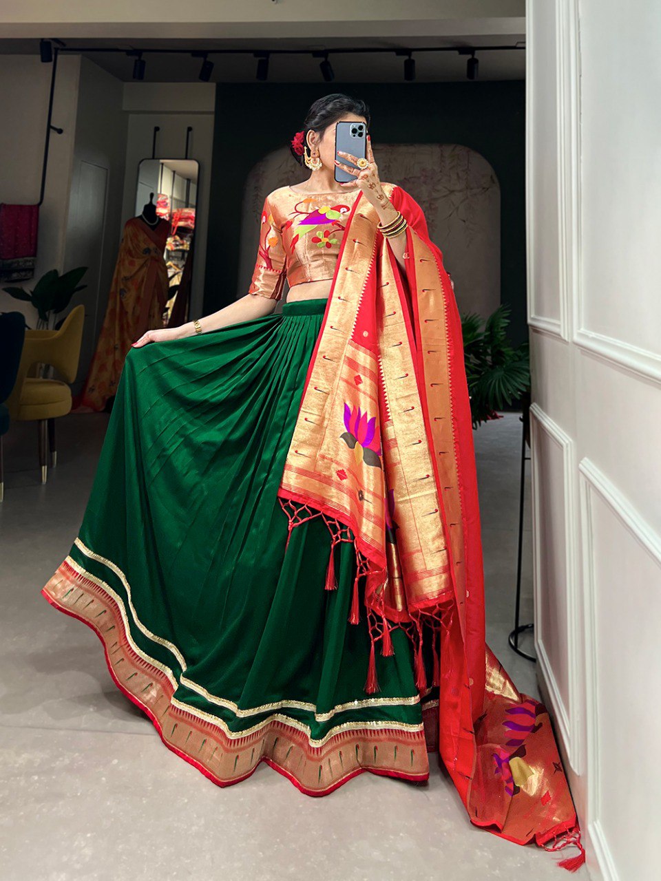 Green Colour Paithani Lehenga Choli with Dupatta