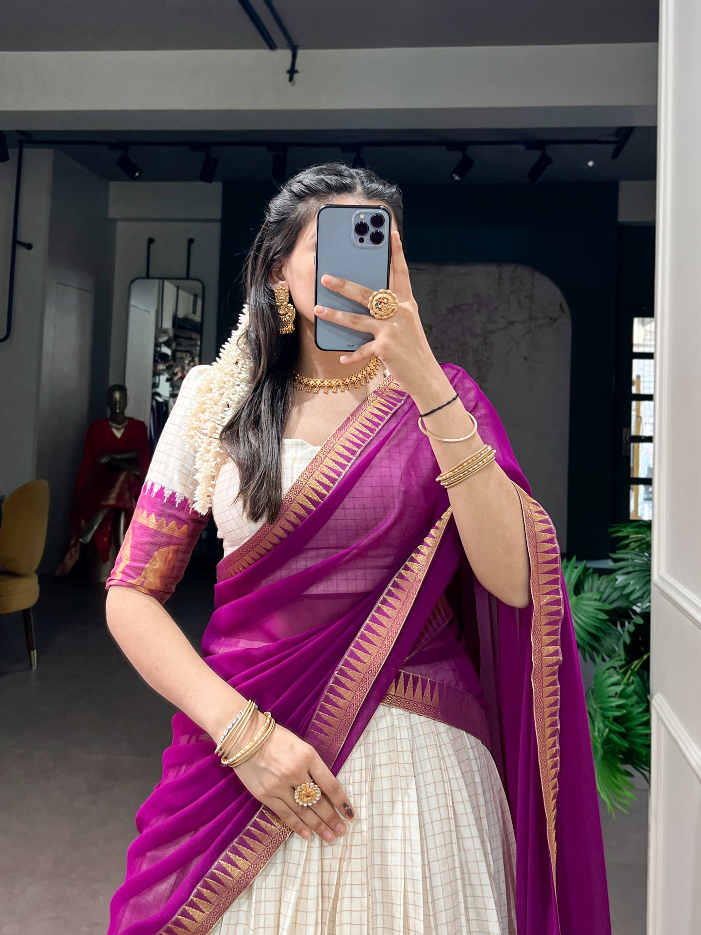 White & Purple Silk Lehenga Choli with Gold Zari Border