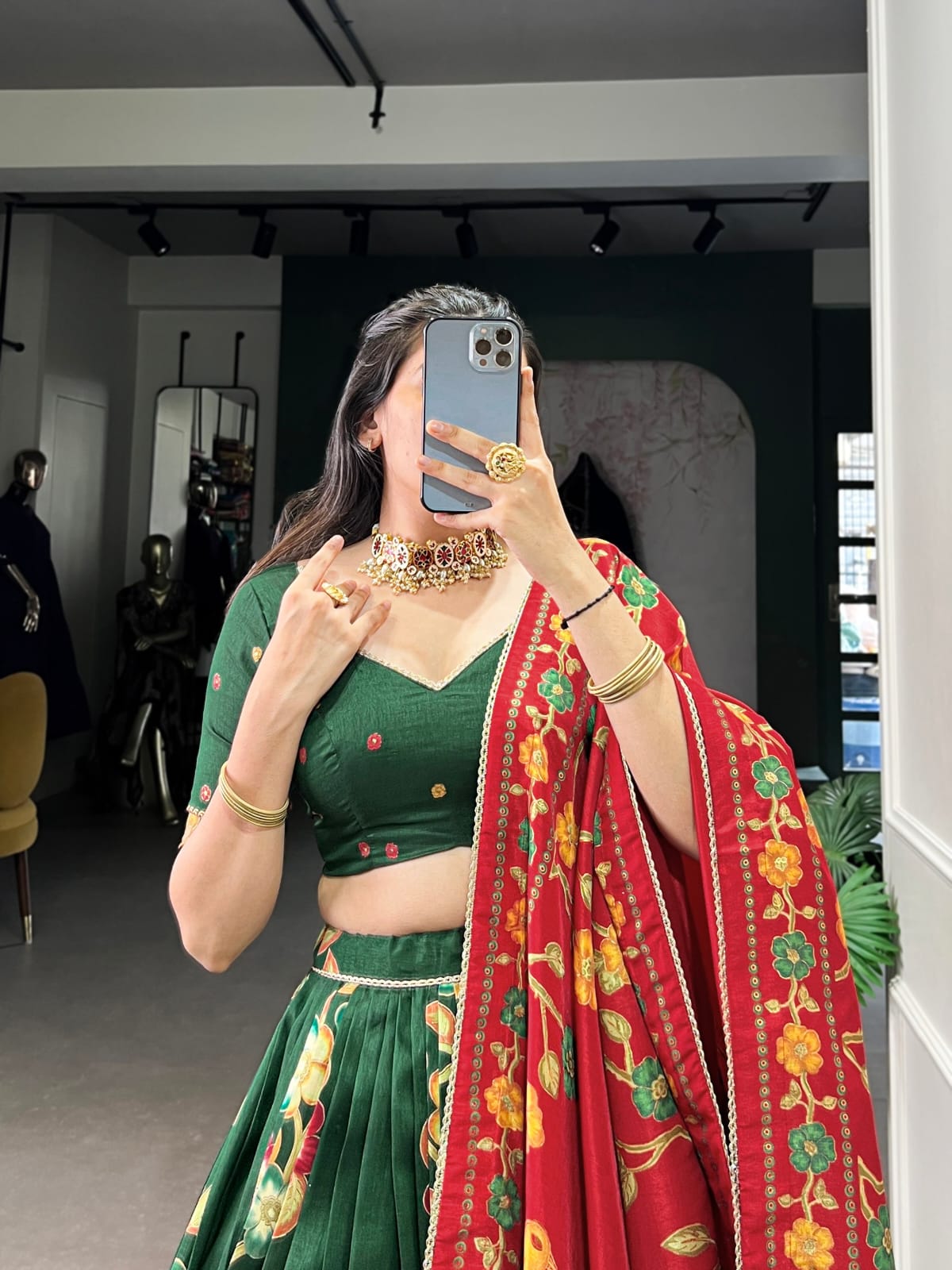 Green Colour Tussar Silk Printed Lehenga Choli