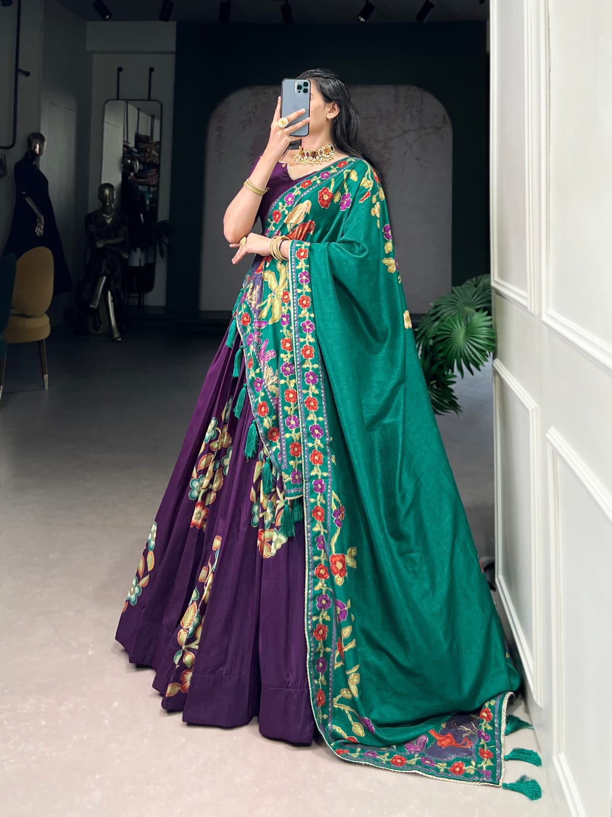 Purple Colour Tussar Silk Printed Lehenga Choli