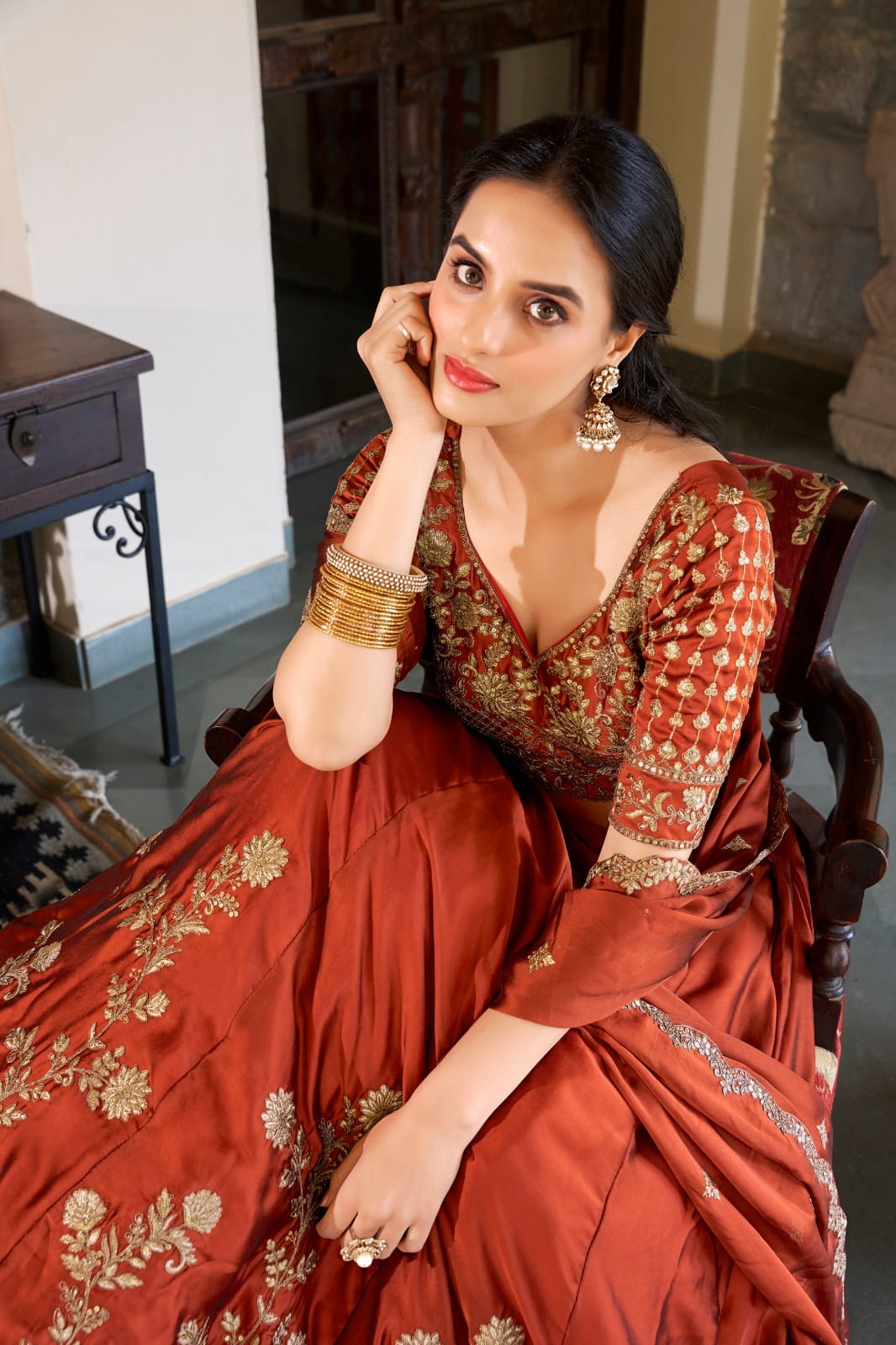 Rust Orange Colour Sequins and Thread Embroidery work Lehenga Choli