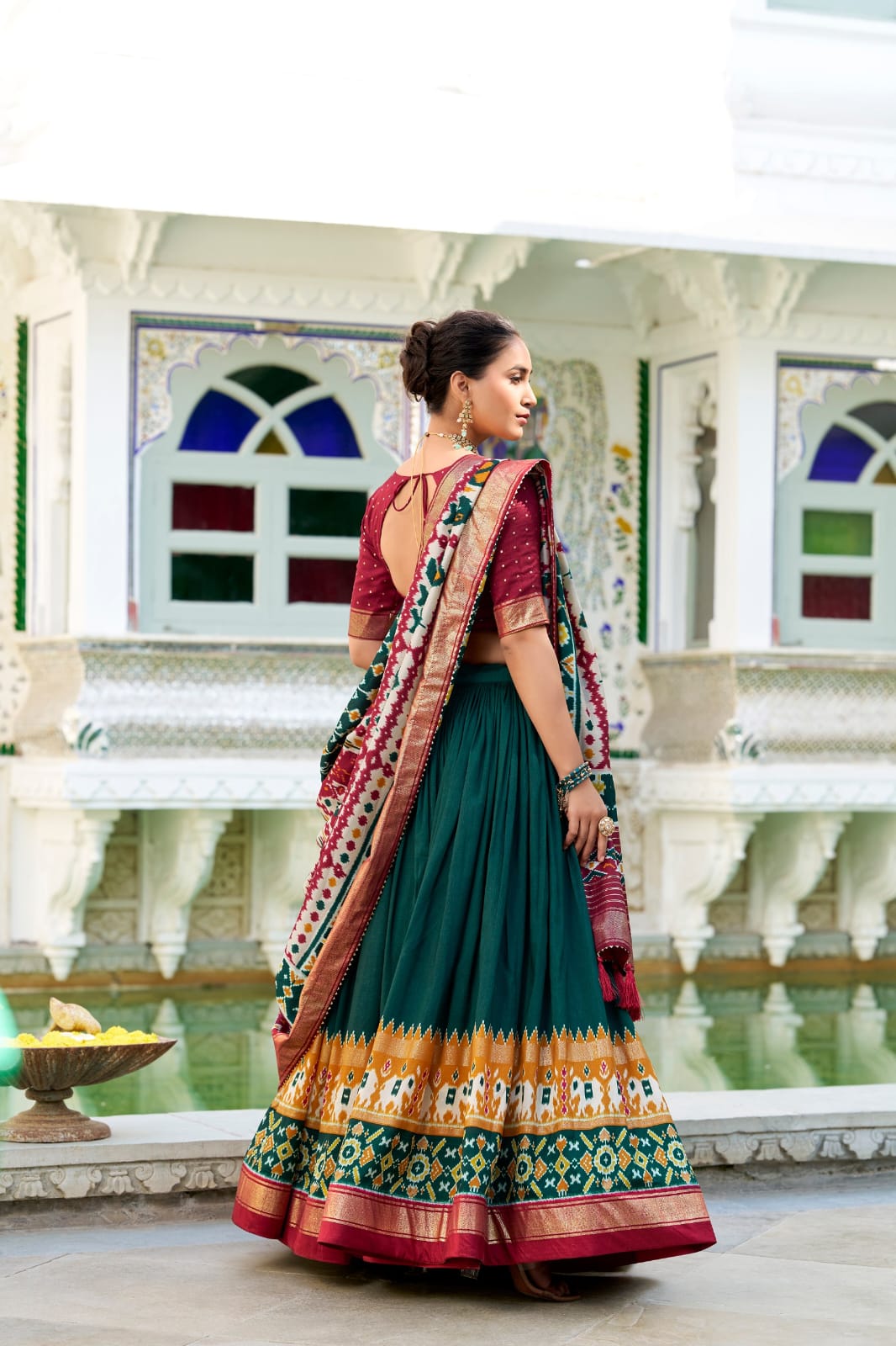 Green Color Tussar Silk Patola Print Lehenga Choli with Dupatta With foil work border