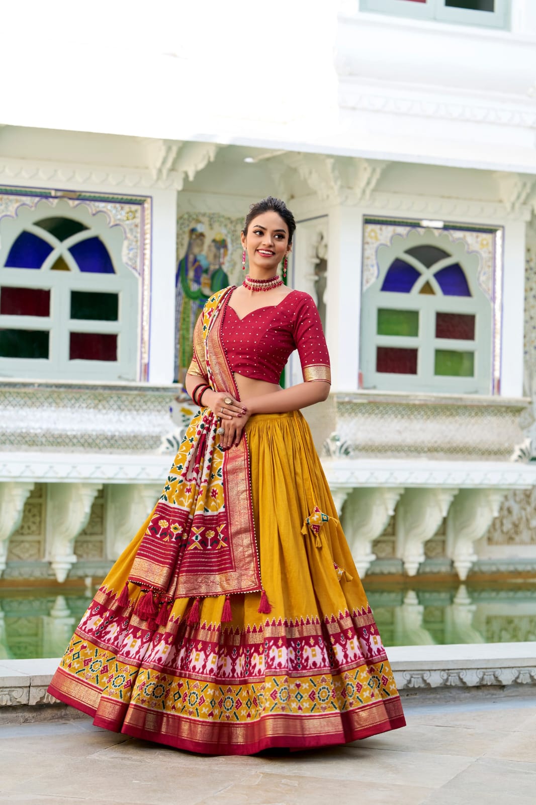 Mustard Yellow Color Tussar Silk Patola Print Lehenga Choli with Dupatta With foil work border
