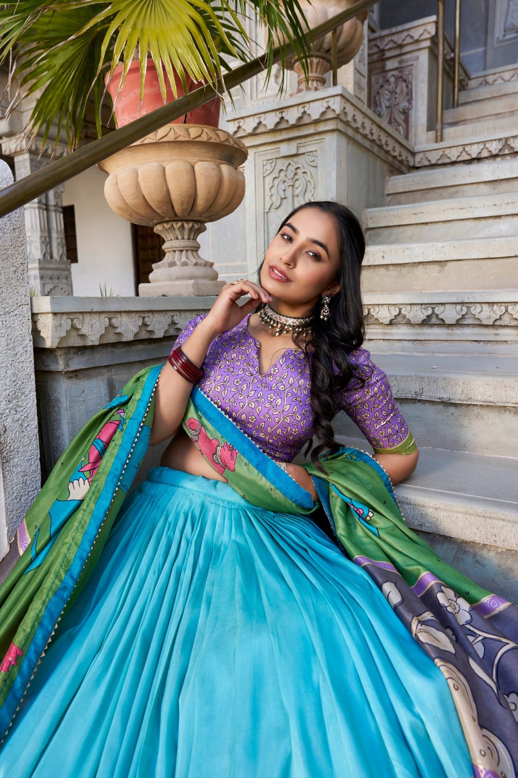 Tussar Silk Kalamkari Print Lehenga Choli with Foil work