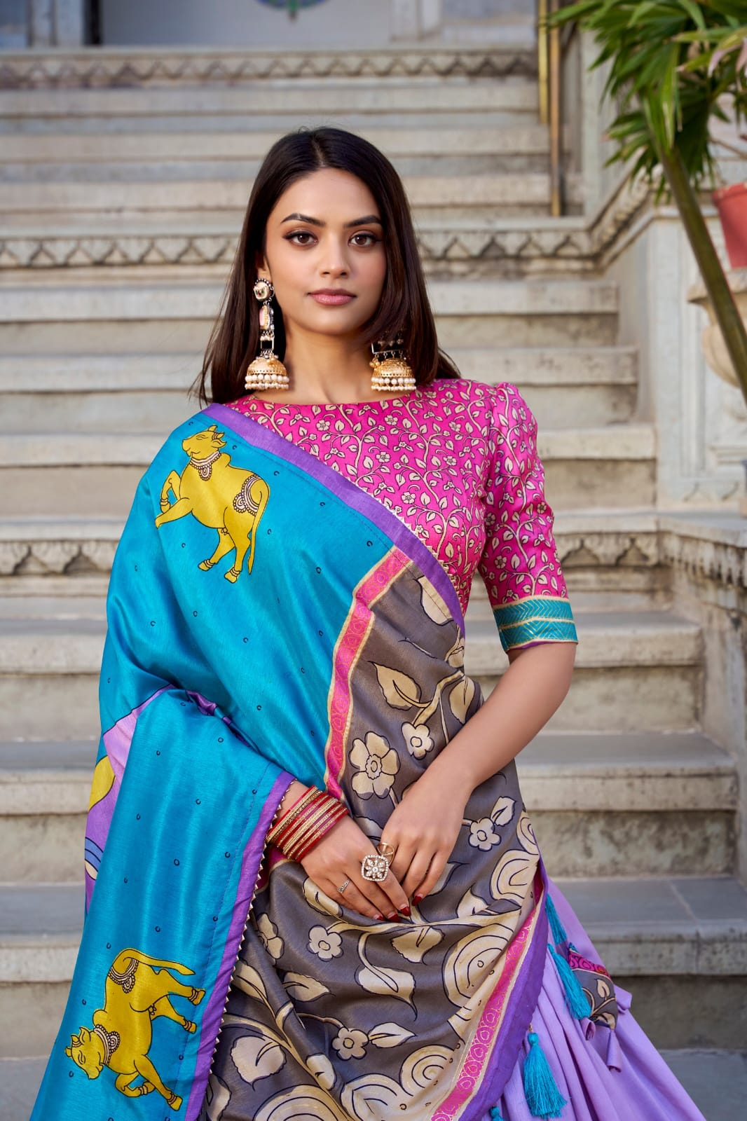 Tussar Silk Kalamkari Print Lehenga Choli with Foil work