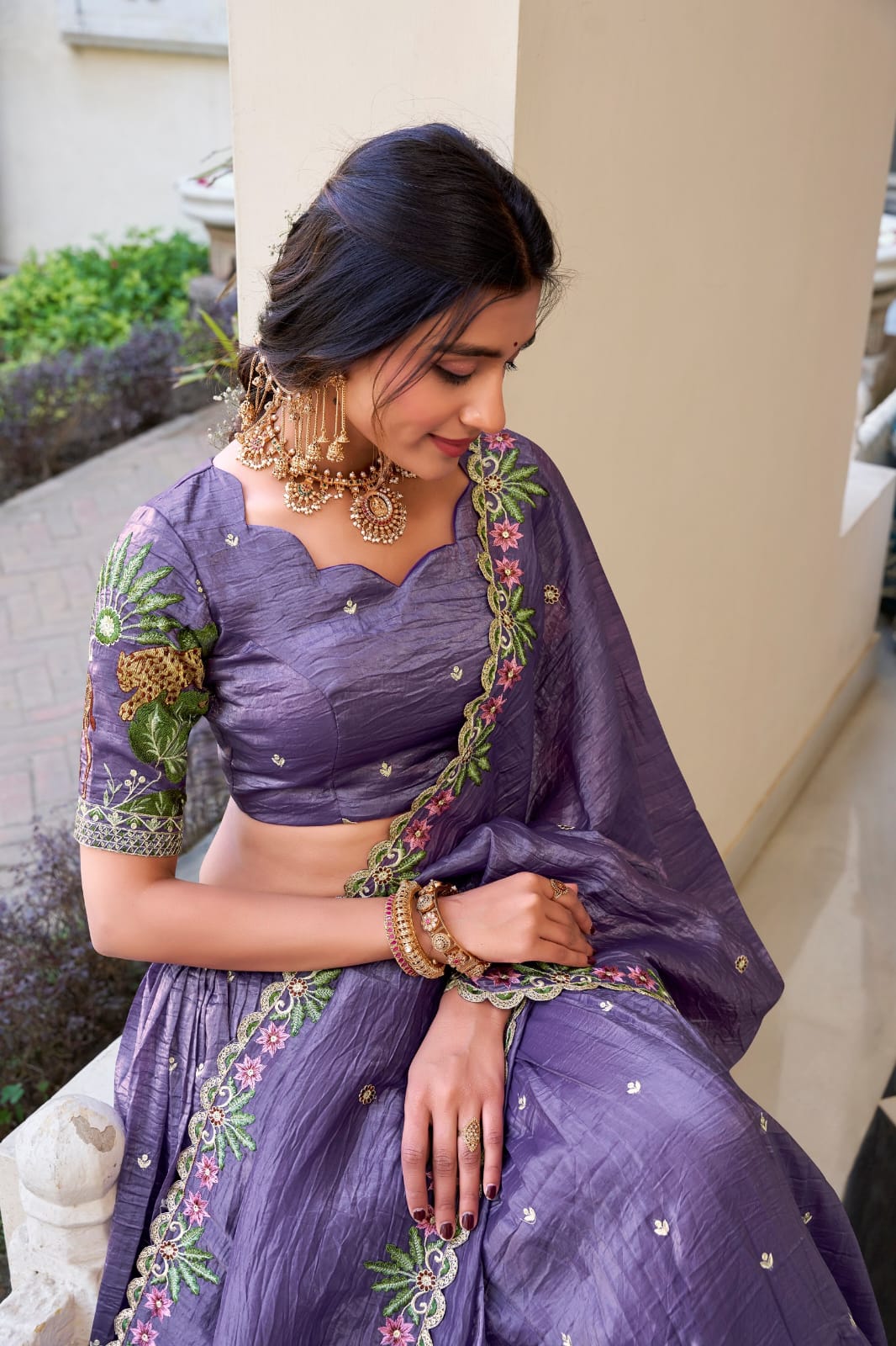 Gold Crush Sequins and Thread Embroidery work Party Wear Lehenga Choli