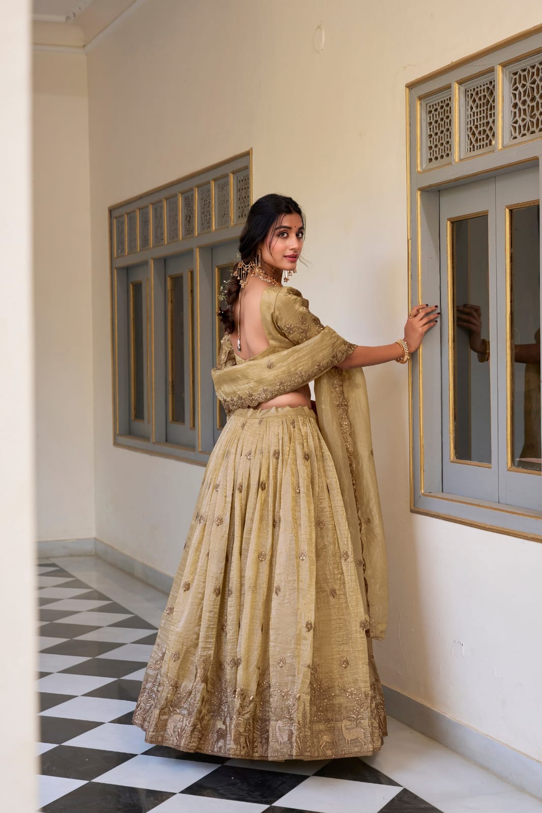 Gold Crush Sequins and Thread Embroidery work Party Wear Lehenga Choli