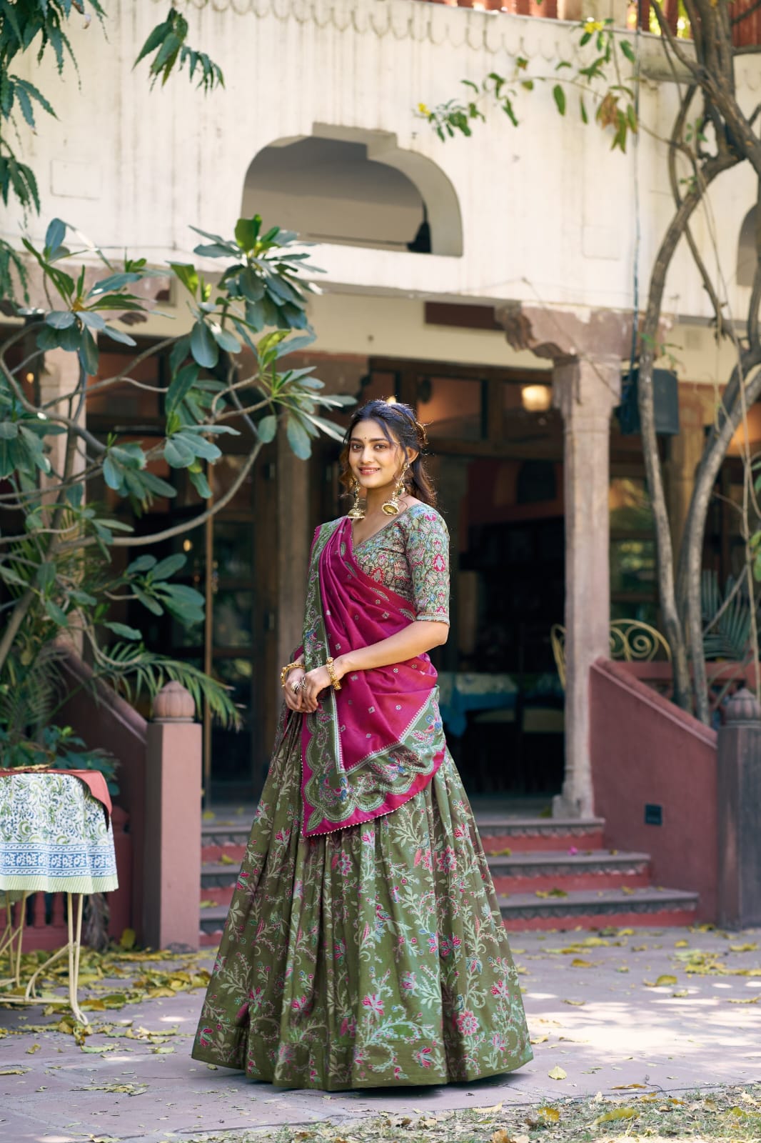 Elegant Bottle Green Floral and Foil Print Tasar Silk Lehenga Choli