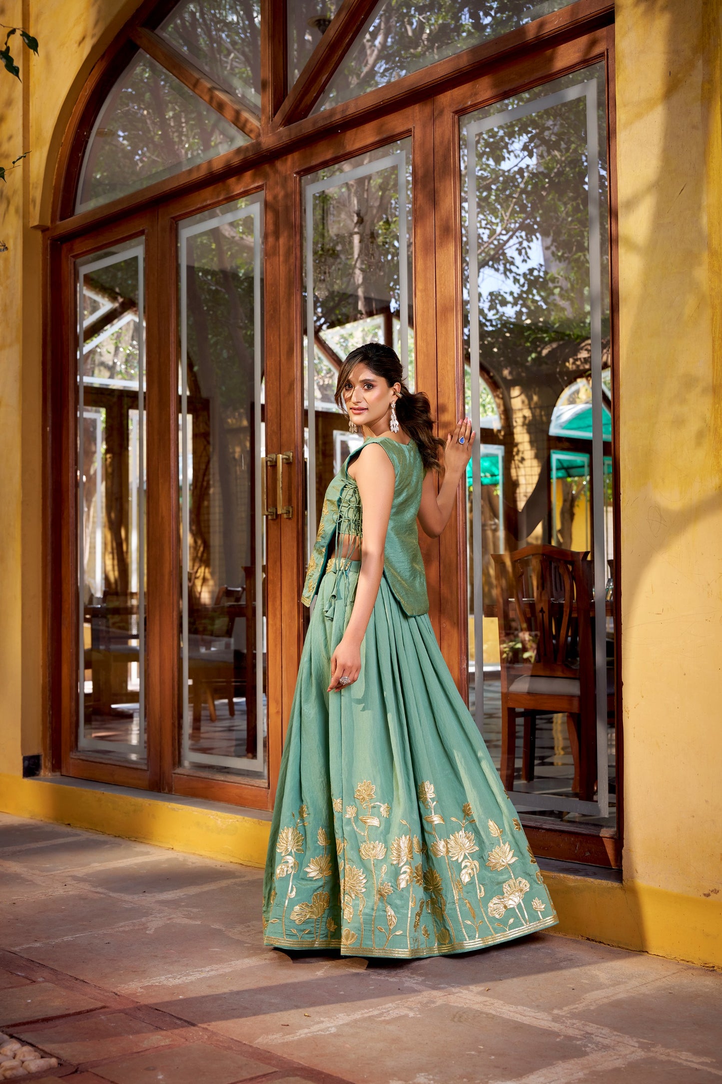 Sea Green Pure Shimmer Co-ord Set Lehenga choli With Designer Overlay Top